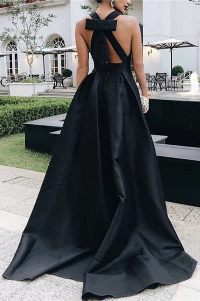 Charming Long A-Line Black V-Neck Sleeveless A-Line Halt Stain Prom Dresses with Bow Simple gentle atmospheric and unique design