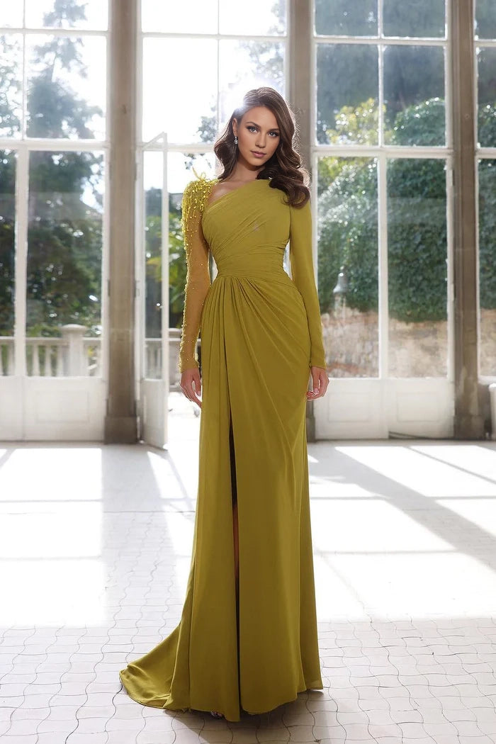 Charming Long A-line Dress with Long Sleeves Beading and Slit for Prom Simple gentle atmospheric and unique design