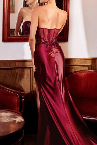 Charming Long Column Sleeveless Chain Sweetheart Floor-Length Appliques Split Front Prom Dresses with Lace Simple gentle atmospheric and unique design