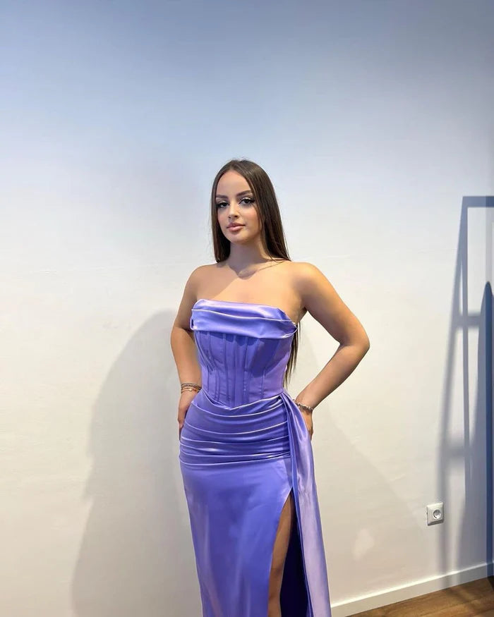 Charming Long Purple Strapless Satin Dress with Split Front and Ruffles Simple gentle atmospheric and unique design