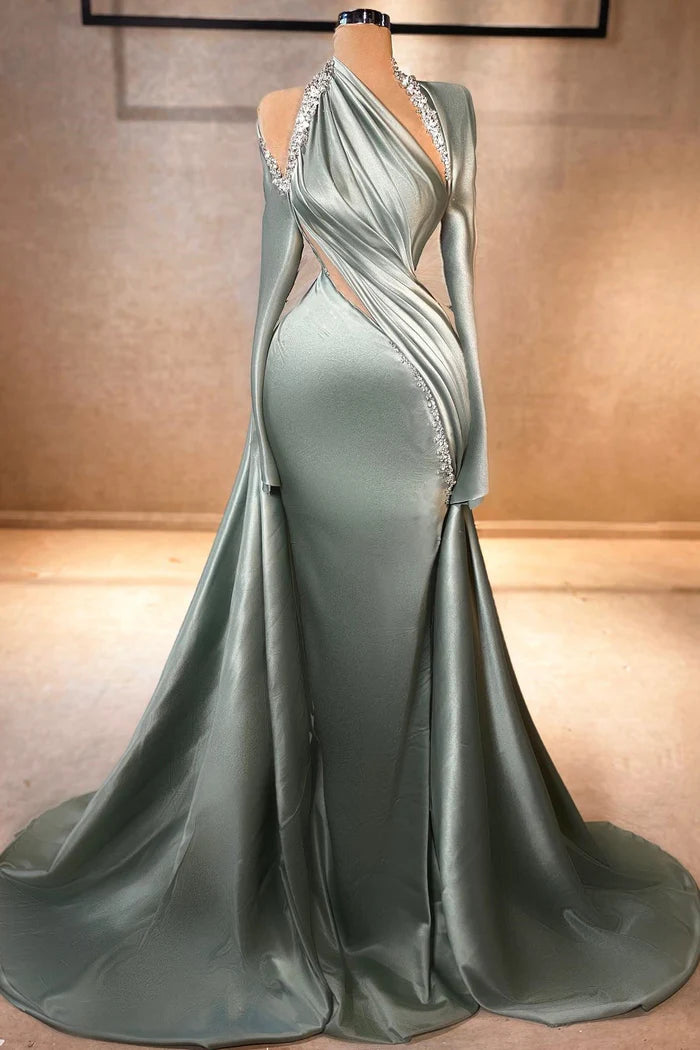 Charming Mermaid Long Sleeve Halter Ruffled Satin Prom Dress Simple gentle atmospheric and unique design