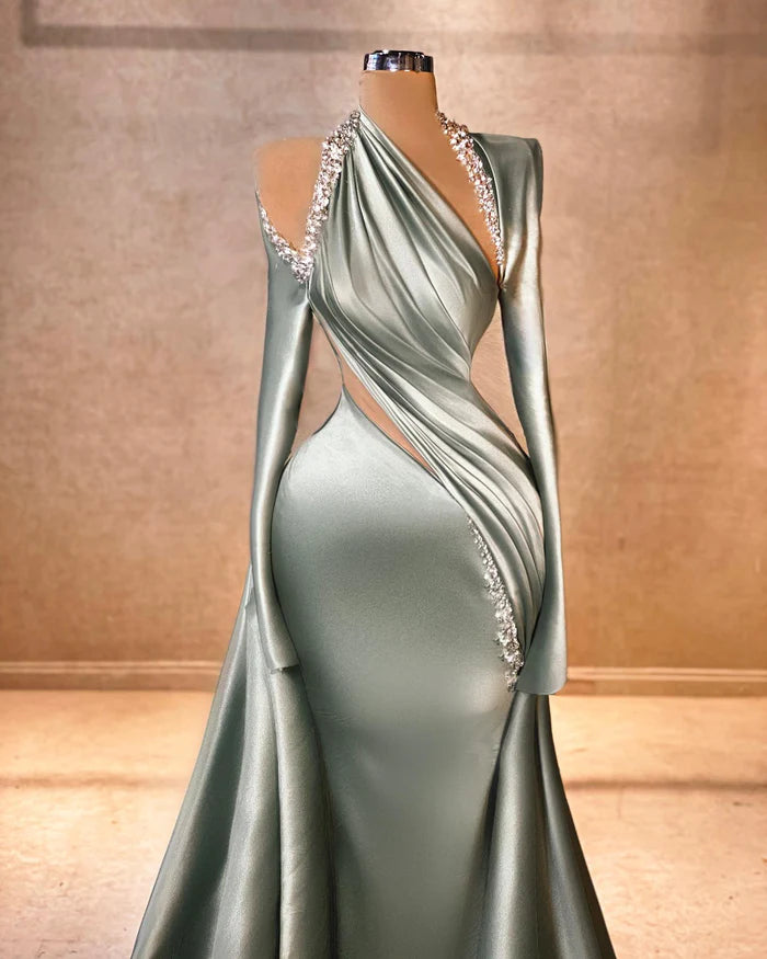 Charming Mermaid Long Sleeve Halter Ruffled Satin Prom Dress Simple gentle atmospheric and unique design