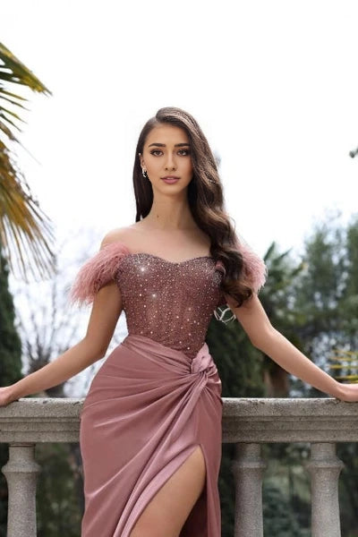 Charming Mermaid Pink Off The Shoulder Stain Prom Dress with Beadings Simple gentle atmospheric and unique design  ﻿