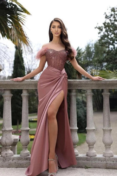 Charming Mermaid Pink Off The Shoulder Stain Prom Dress with Beadings Simple gentle atmospheric and unique design  ﻿