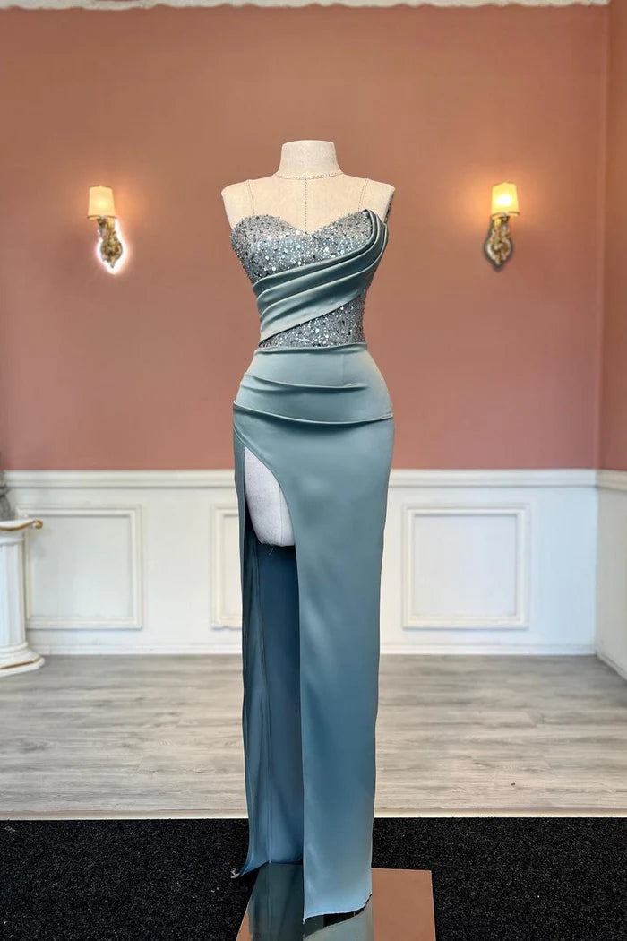 Charming Mermaid Strapless Beadings Split Front Prom Dress With Sequined Simple gentle atmospheric and unique design ﻿