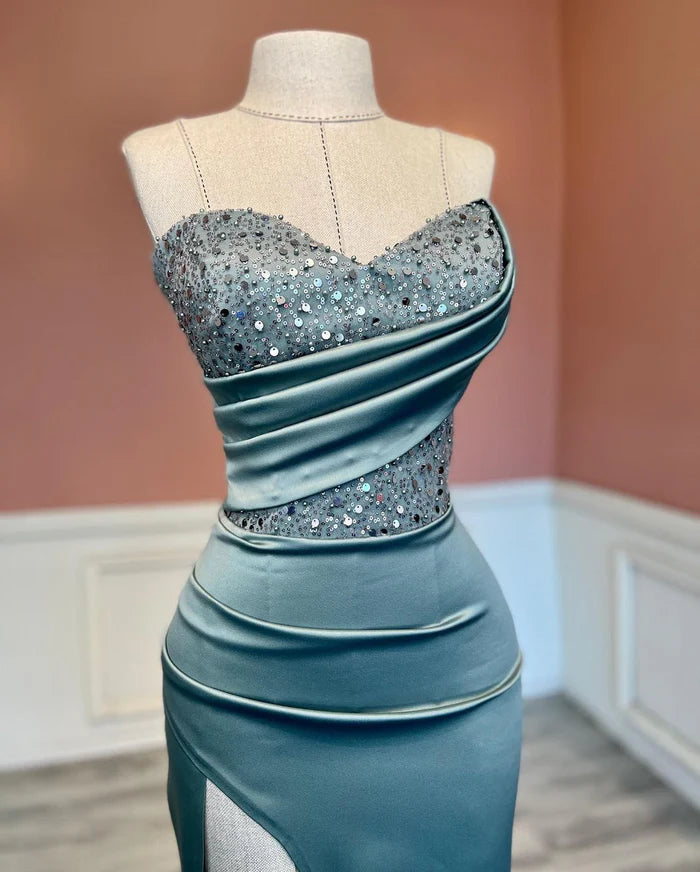 Charming Mermaid Strapless Beadings Split Front Prom Dress With Sequined Simple gentle atmospheric and unique design ﻿