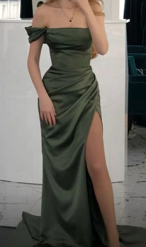 Charming Olive Green Prom Dress Slit Leg Open Backs Formal Dresses simple gentle atmospheric and unique desi Bring summer colors to enhance whiteness
