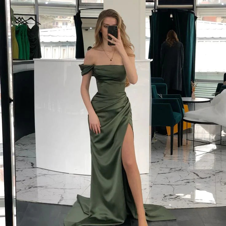 Charming Olive Green Prom Dress Slit Leg Open Backs Formal Dresses simple gentle atmospheric and unique desi Bring summer colors to enhance whiteness