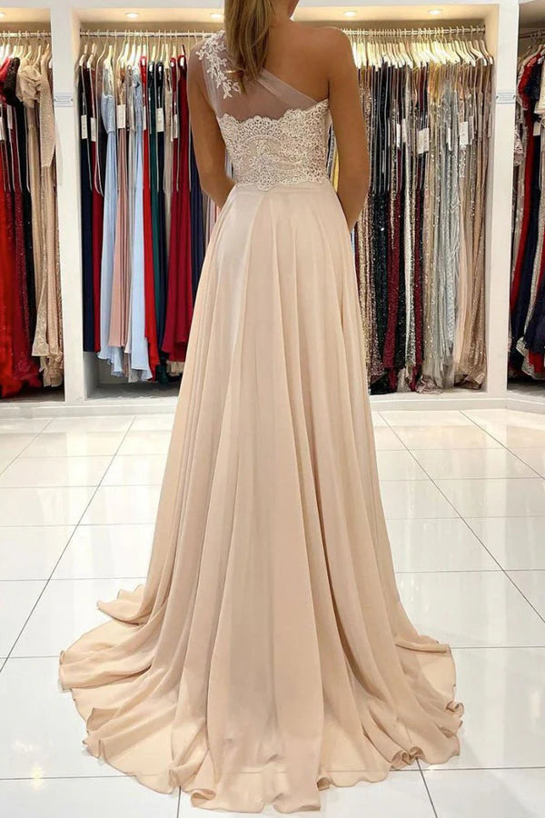 Charming One Shoulder Chiffon Prom Dress With Slit simple gentle atmospheric and unique desi Bring summer colors to enhance whiteness