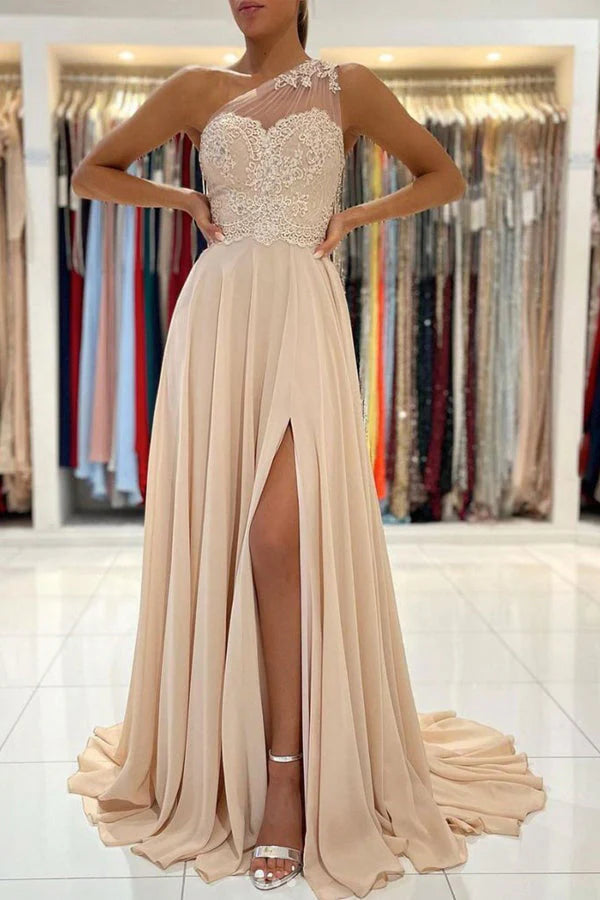 Charming One Shoulder Chiffon Prom Dress With Slit simple gentle atmospheric and unique desi Bring summer colors to enhance whiteness