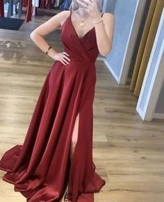 Charming V neck Burgundy Prom Dresses, Side Slit Evening Party Dress simple gentle atmospheric and unique desi Bring summer colors to enhance whiteness