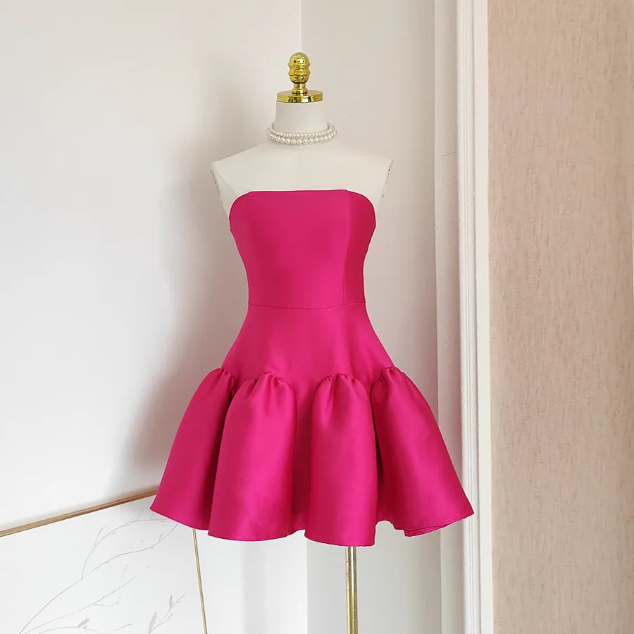 Cheap A line Strapless Hot Pink Satin Short Homecoming Dresses Birthday Outfits simple gentle atmospheric and unique desi Bring summer colors to enhance whiteness