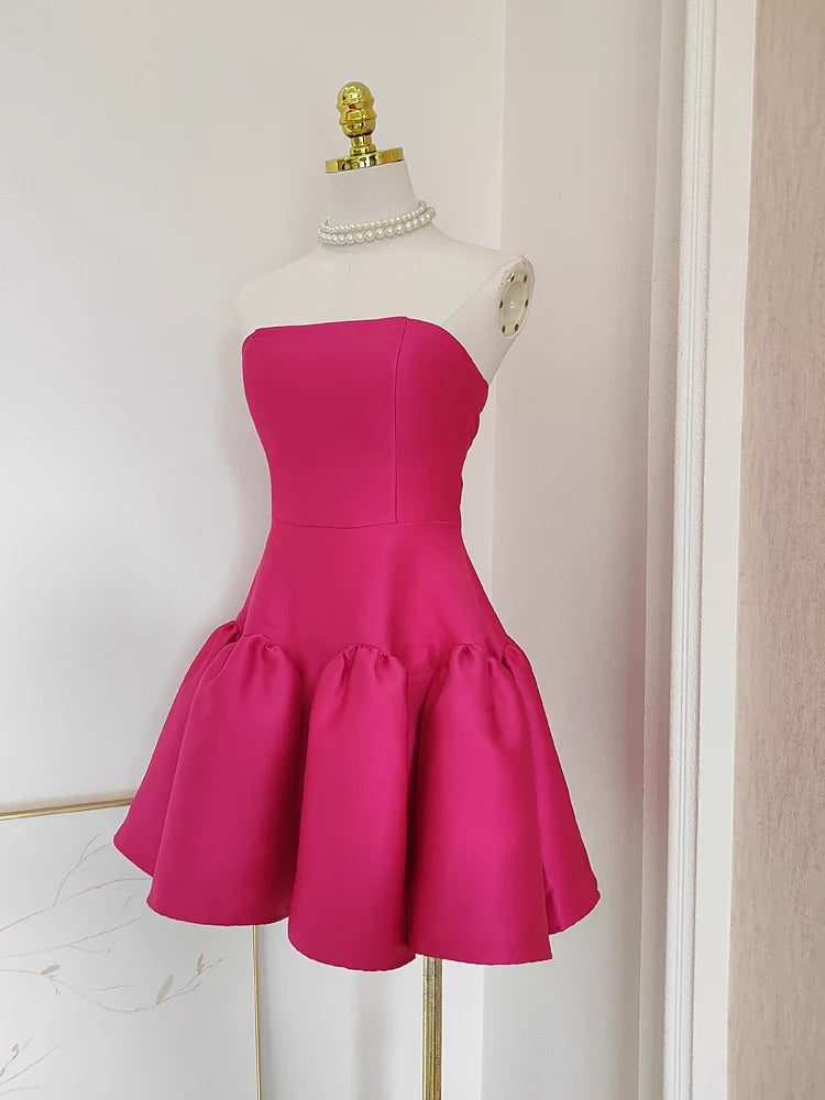 Cheap A line Strapless Hot Pink Satin Short Homecoming Dresses Birthday Outfits simple gentle atmospheric and unique desi Bring summer colors to enhance whiteness
