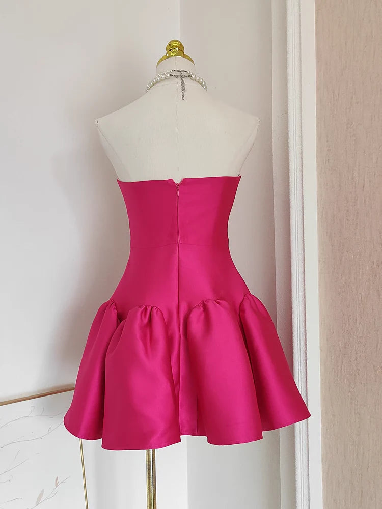 Cheap A line Strapless Hot Pink Satin Short Homecoming Dresses Birthday Outfits simple gentle atmospheric and unique desi Bring summer colors to enhance whiteness