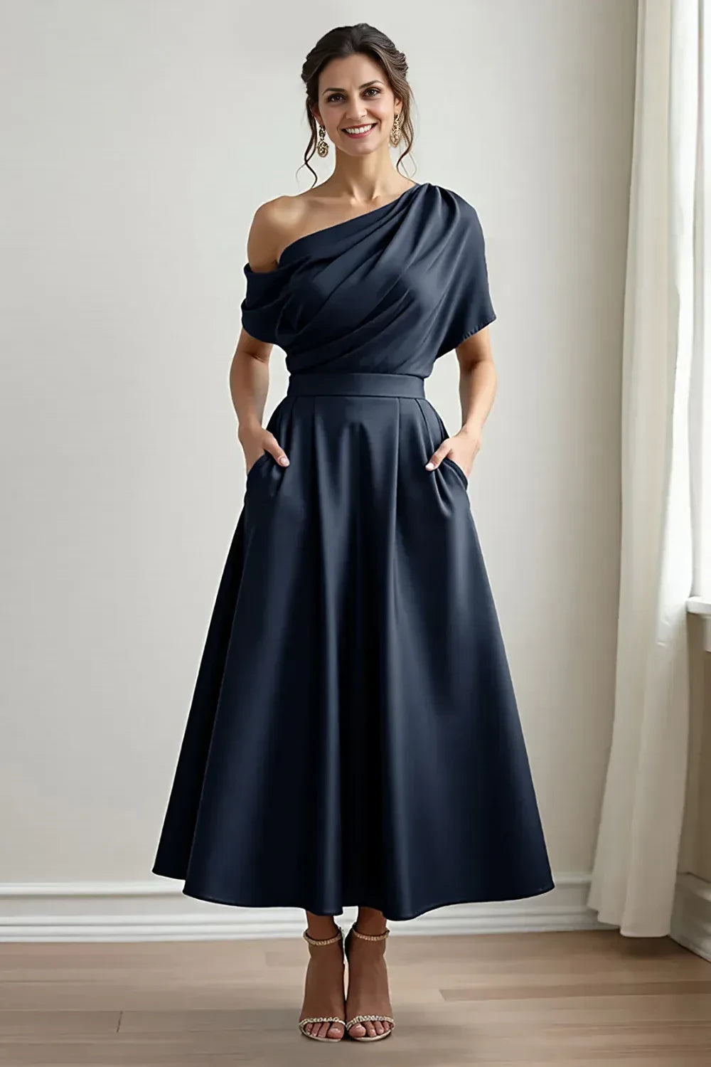 Chic A Line One Shoulder Short Sleeve Draped Back Midi Length Mother of the Bride Dress