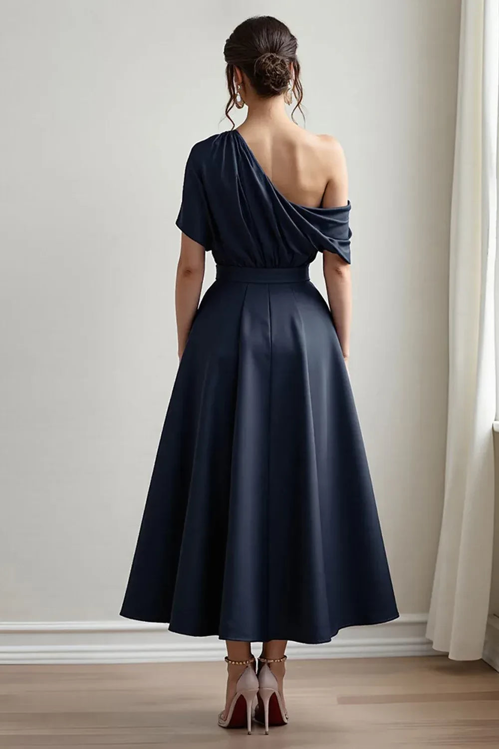 Chic A Line One Shoulder Short Sleeve Draped Back Midi Length Mother of the Bride Dress