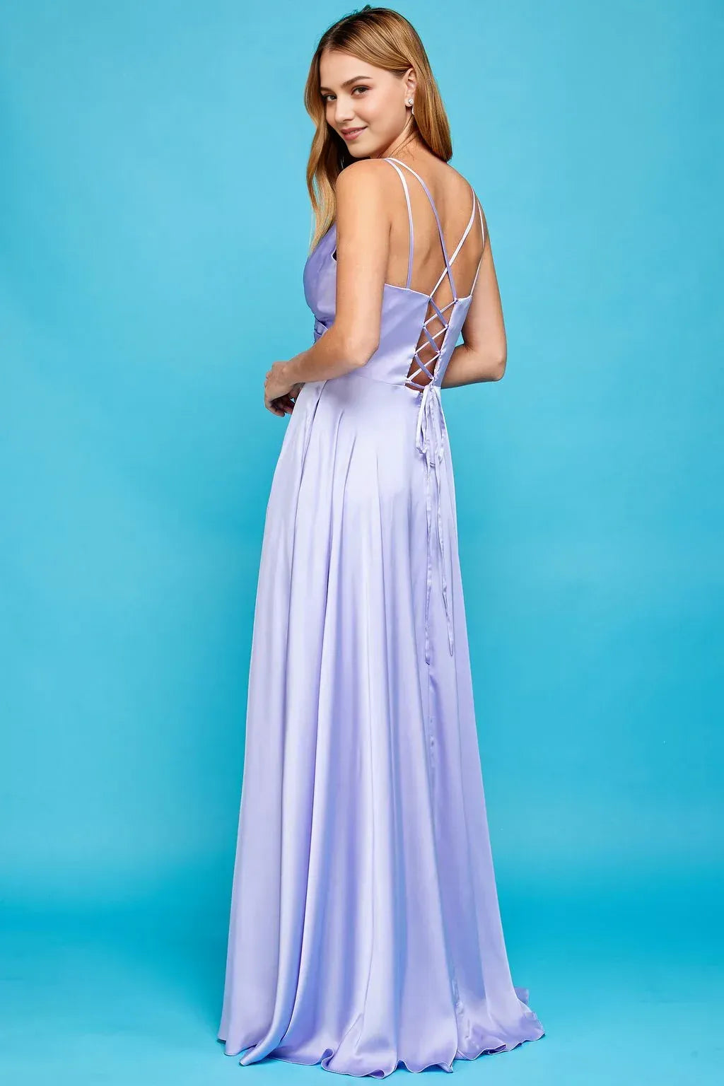 Chic A-Line V-Neck Spaghetti Strap Lace Up Back Floor Length Prom Dress
