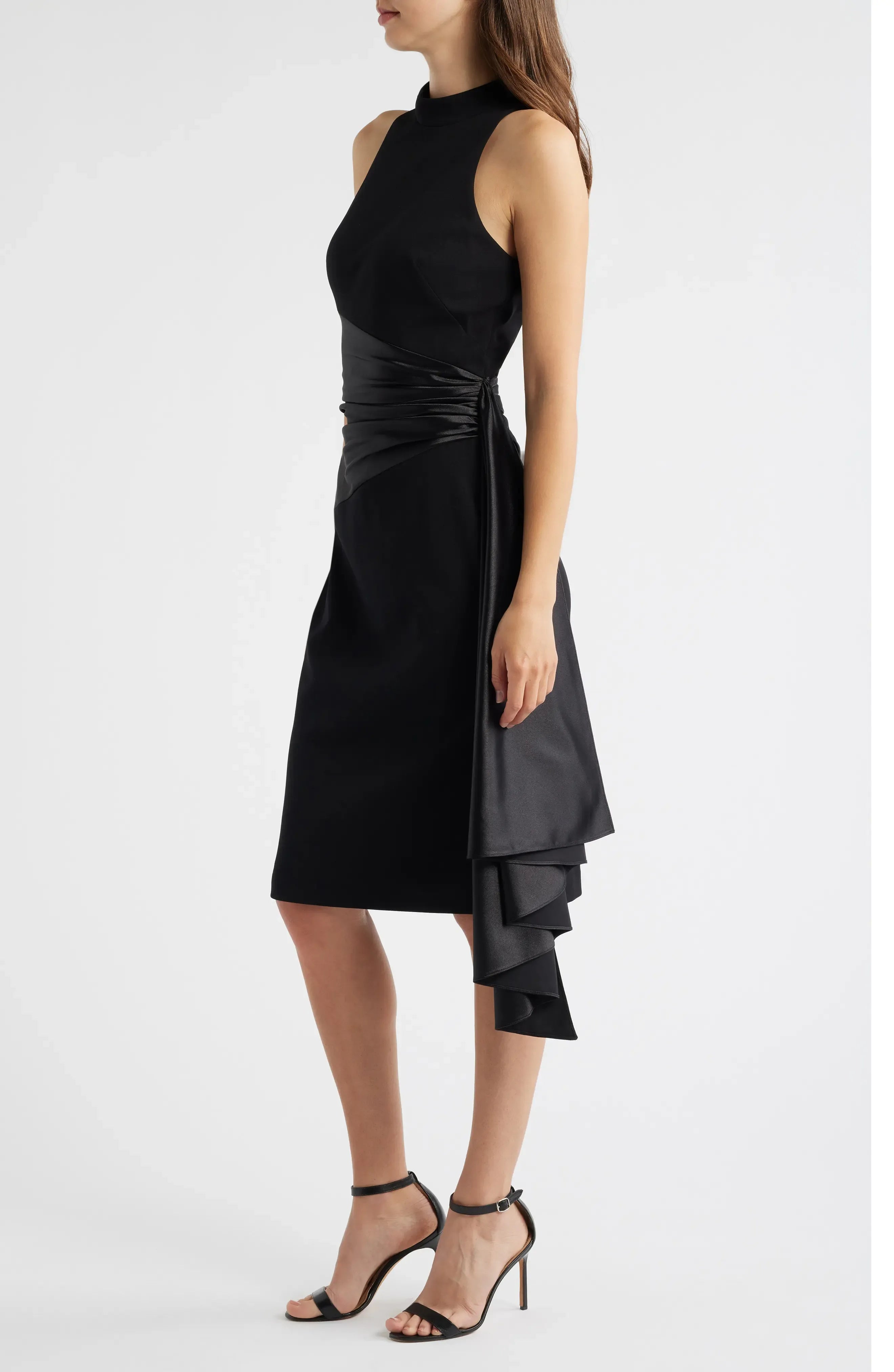 Chic Color-Block Fitted Mock-Neck Sleeveless Zipper-Back Asymmetrical-Midi Evening Dress