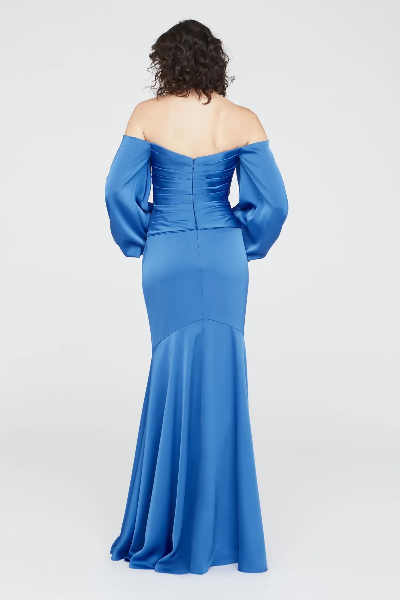 Chic Mermaid Off Shoulder Bishop Sleeve Ruched Back Floor Length Prom Dress