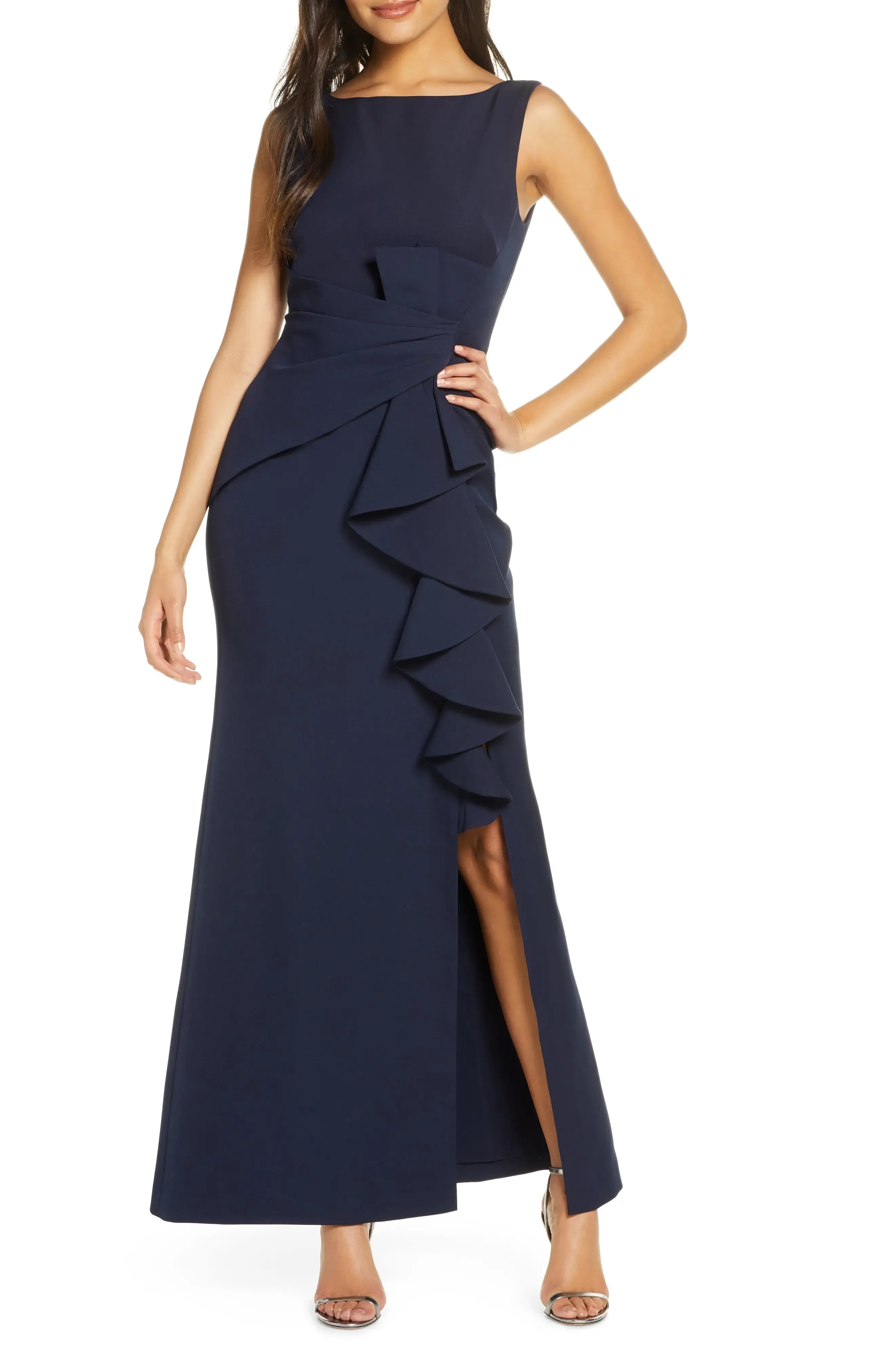 Chic Ruffled Mermaid Boat Neck Sleeveless V Back Floor Length For Sale Prom Dress