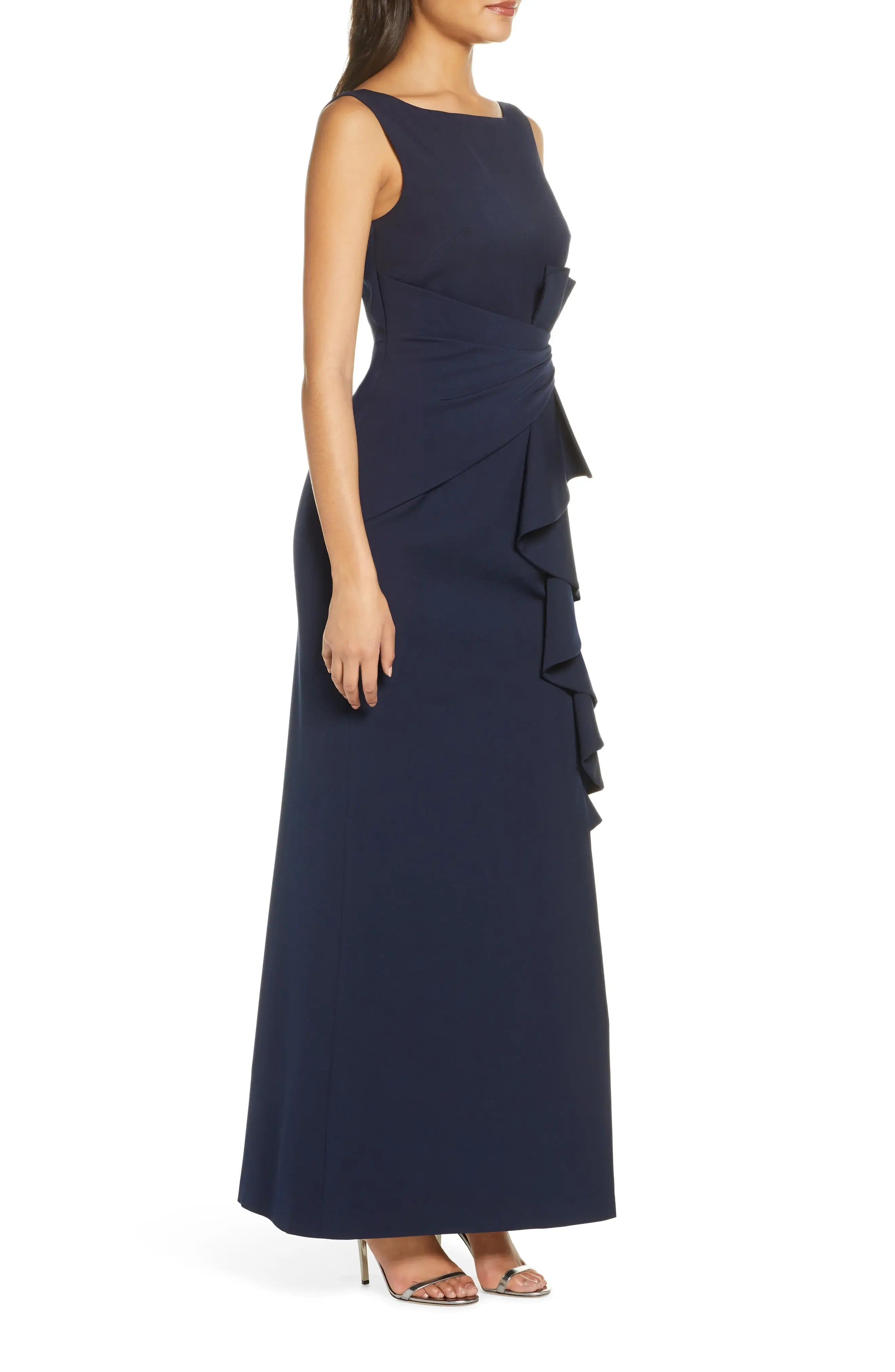 Chic Ruffled Mermaid Boat Neck Sleeveless V Back Floor Length For Sale Prom Dress