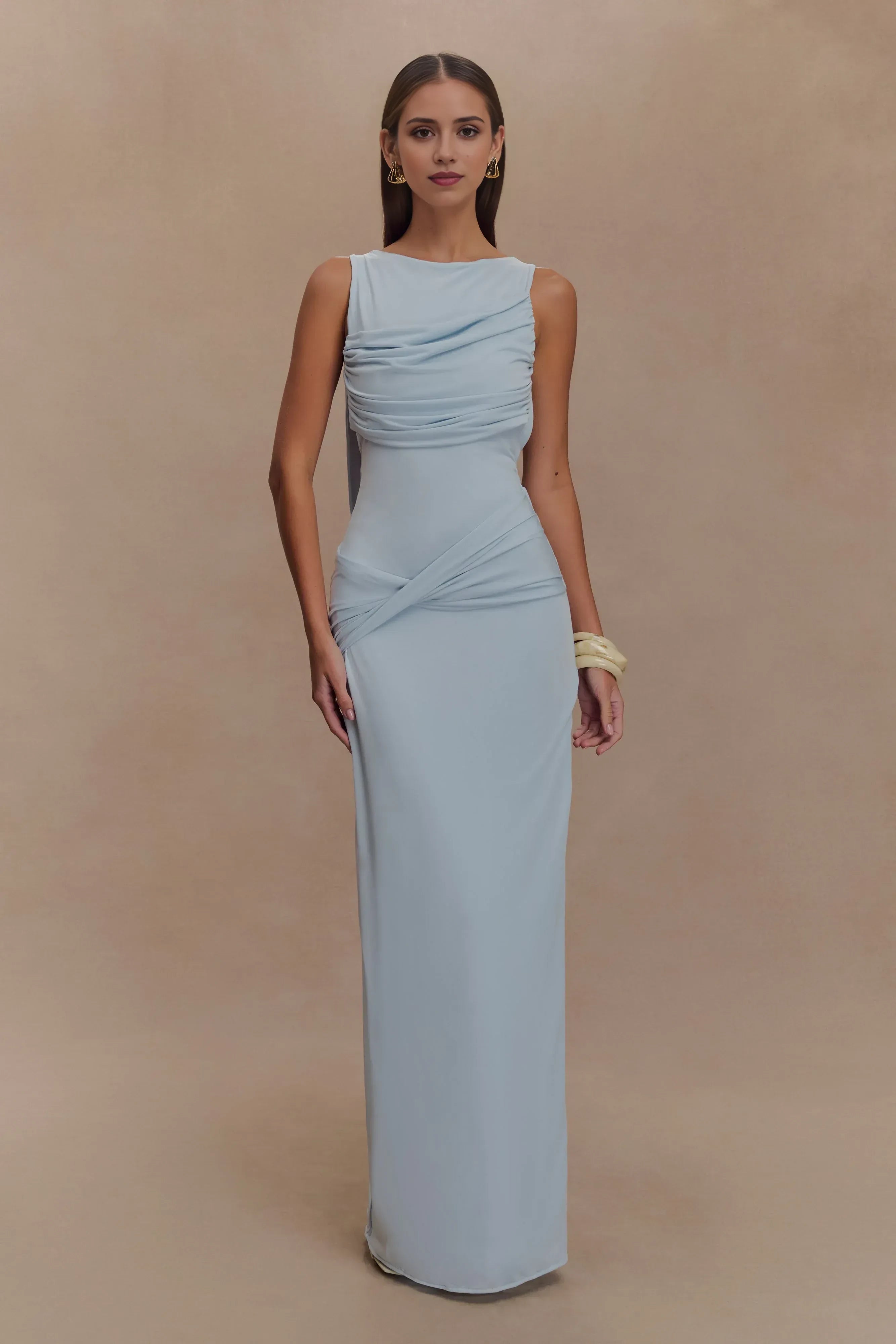Chic Sheath Boat Neck Sleeveless Cutout Draped Back Floor Length Prom Dress