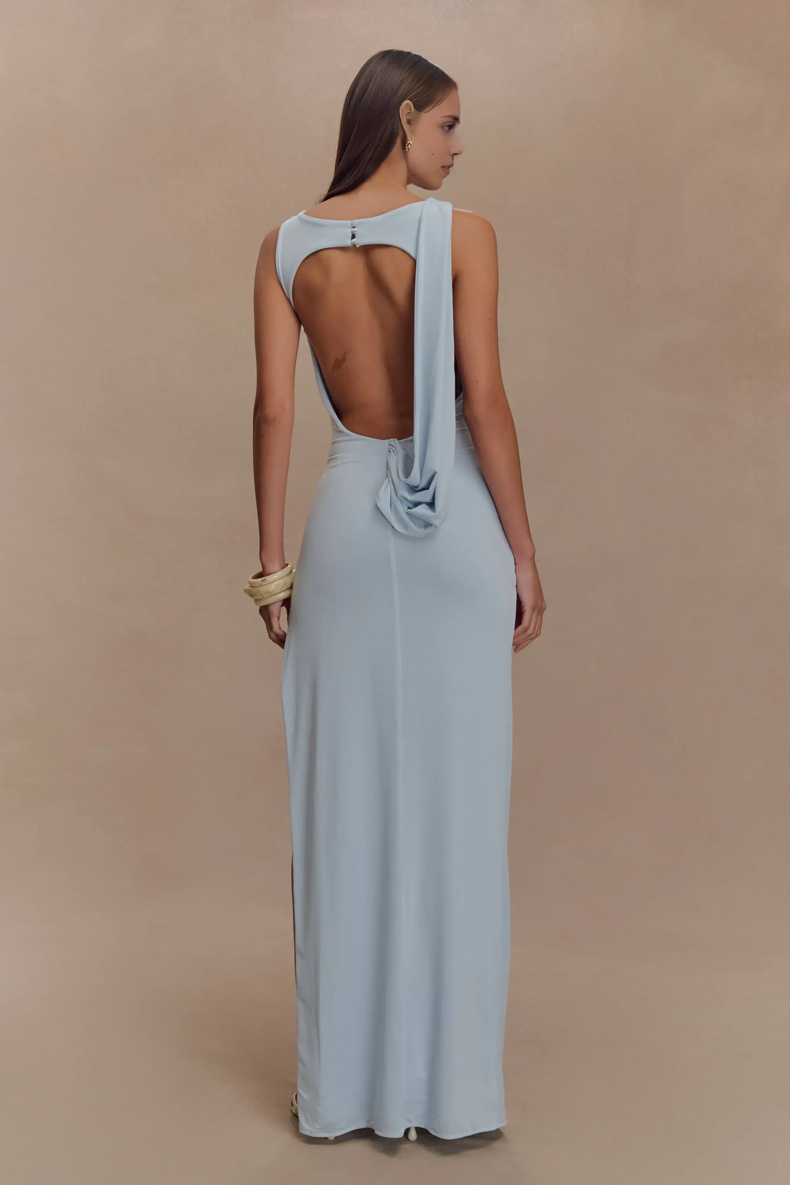 Chic Sheath Boat Neck Sleeveless Cutout Draped Back Floor Length Prom Dress