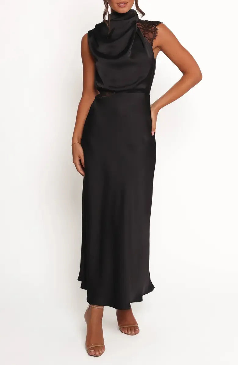 Chic Sheath Cowl Neck Sleeveless Lace Accent Zip Back Midi For Sale Evening Dress ﻿