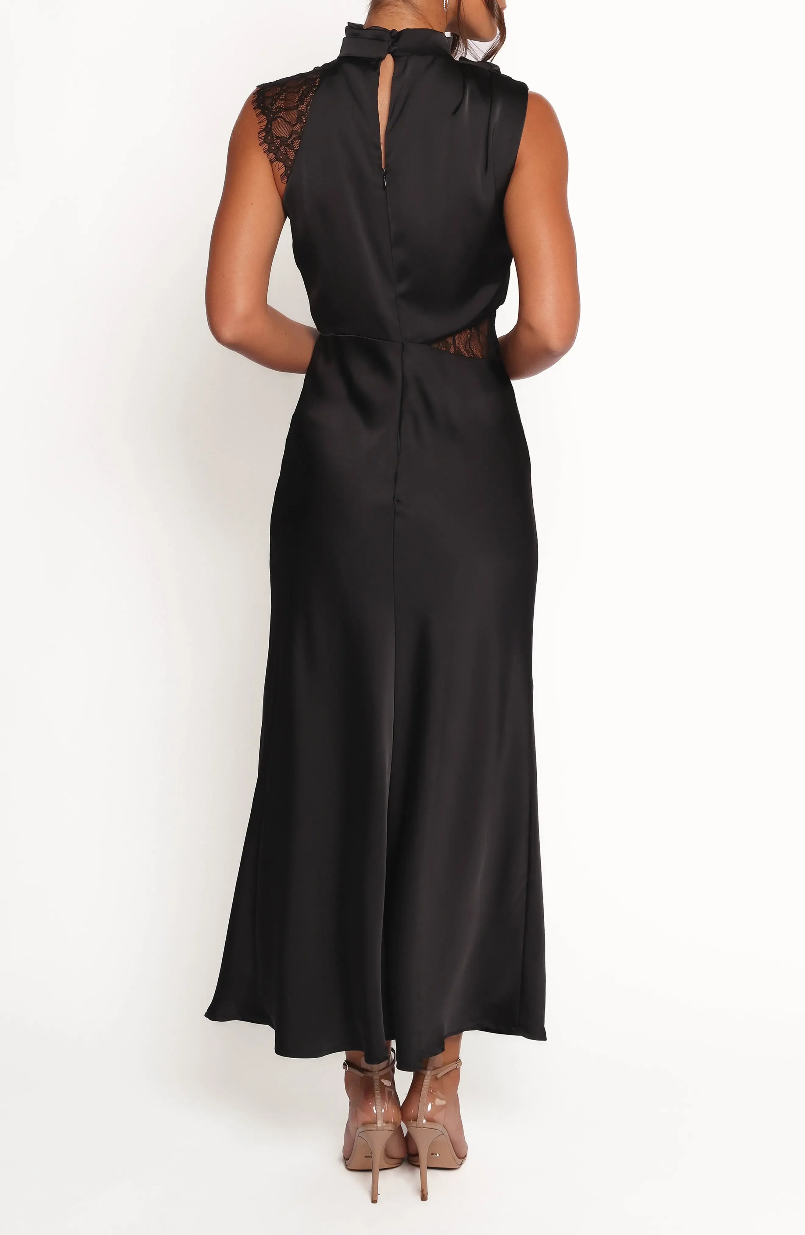 Chic Sheath Cowl Neck Sleeveless Lace Accent Zip Back Midi For Sale Evening Dress ﻿