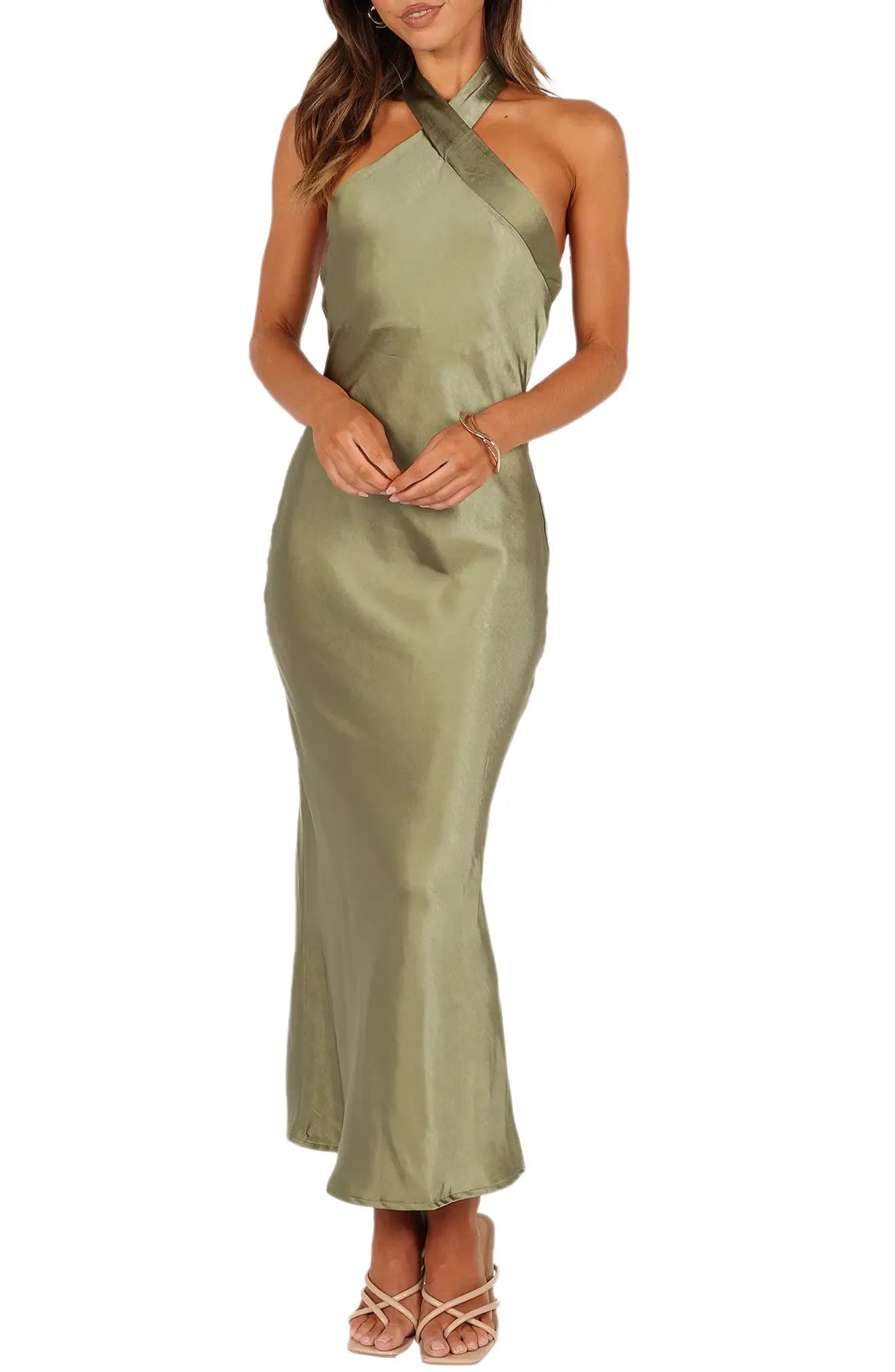 Chic Sheath Halter Neck Sleeveless Tie Back Midi For Ladies Evening Dress