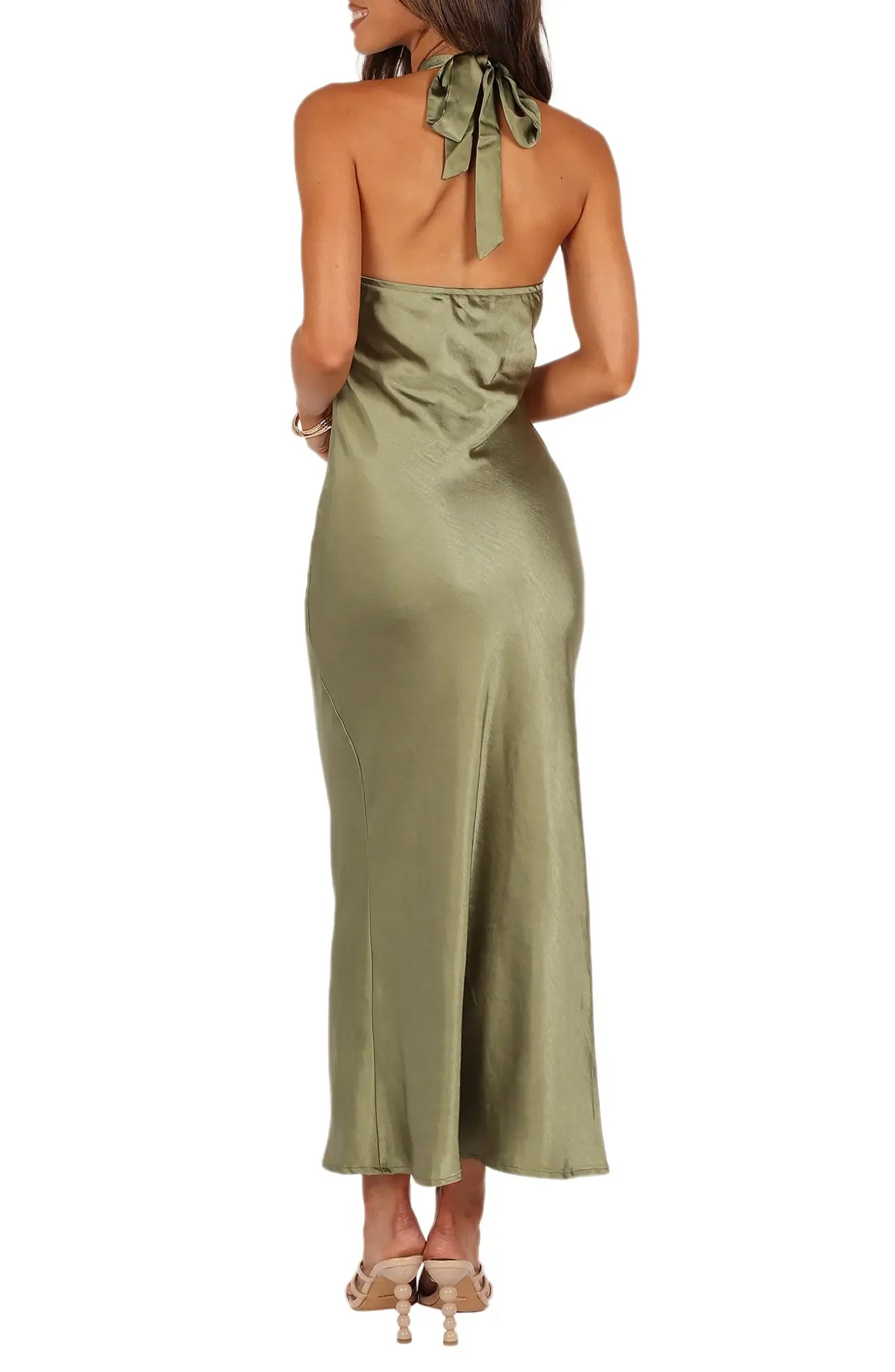Chic Sheath Halter Neck Sleeveless Tie Back Midi For Ladies Evening Dress