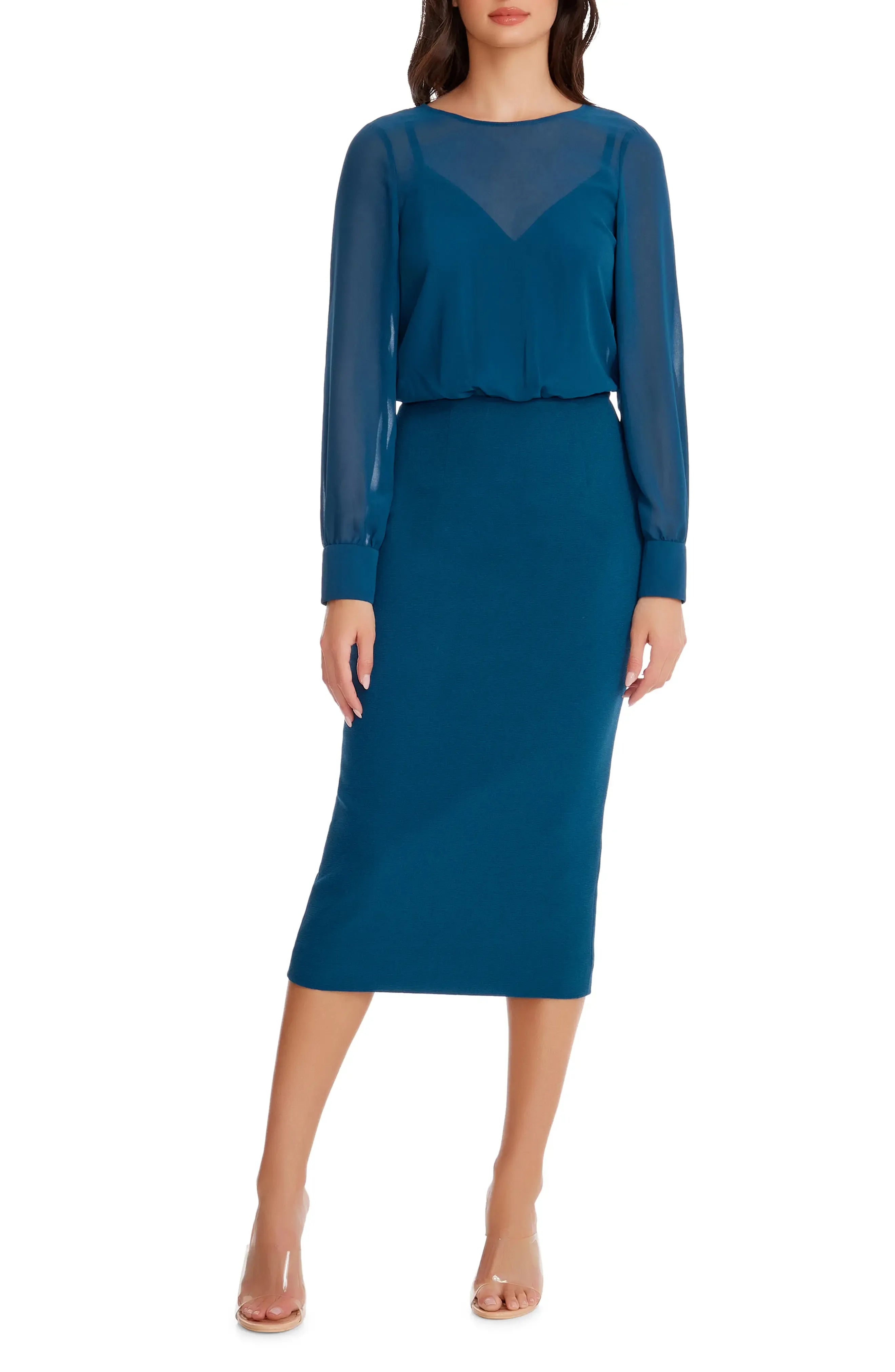 Chic Sheath Illusion Neck Long Sleeve Keyhole Back Midi Evening Dress