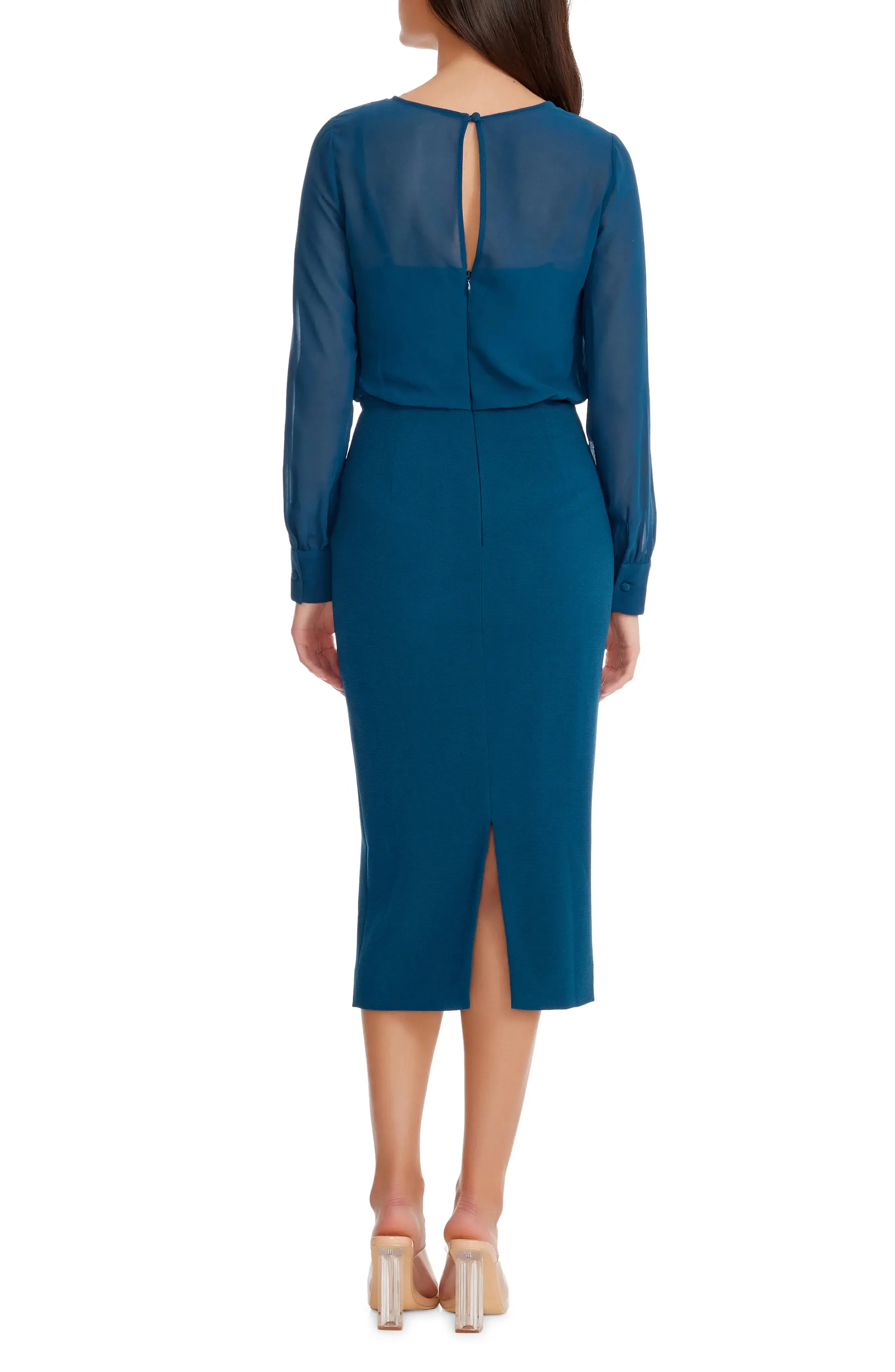 Chic Sheath Illusion Neck Long Sleeve Keyhole Back Midi Evening Dress