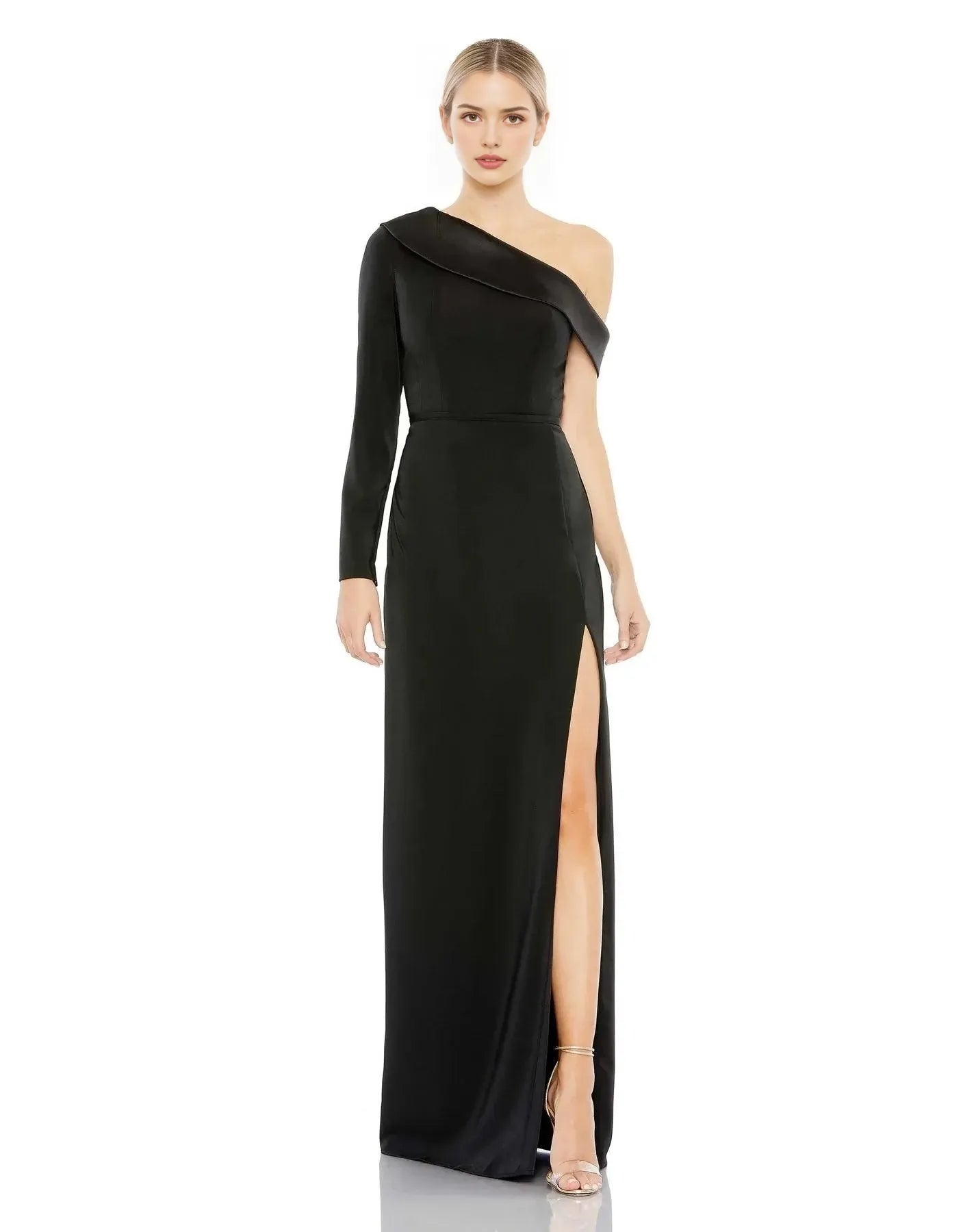 Chic Sheath One-Shoulder One-Long-Sleeve Zipper-Back Floor-Length Prom Dress