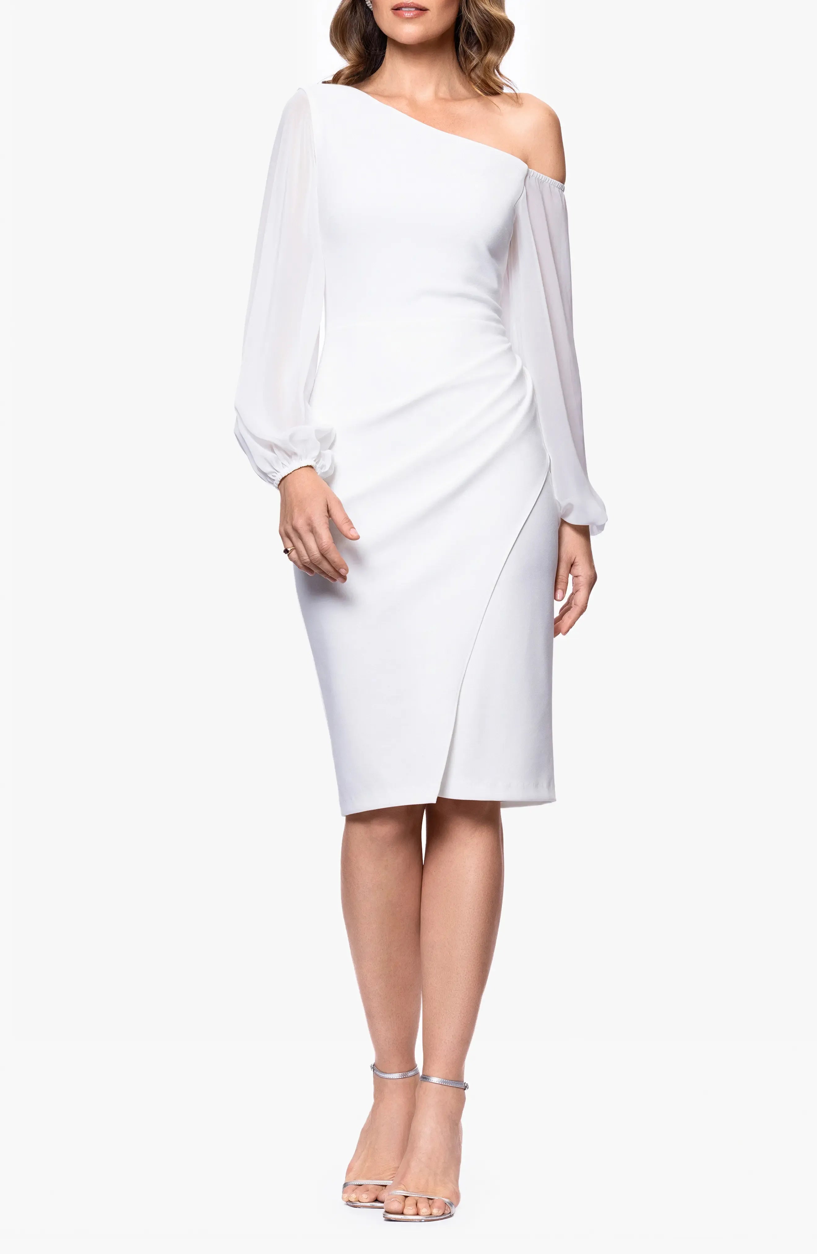 Chic Sheath One-Shoulder Sheer Sleeve Zipper Back Midi Evening Dress