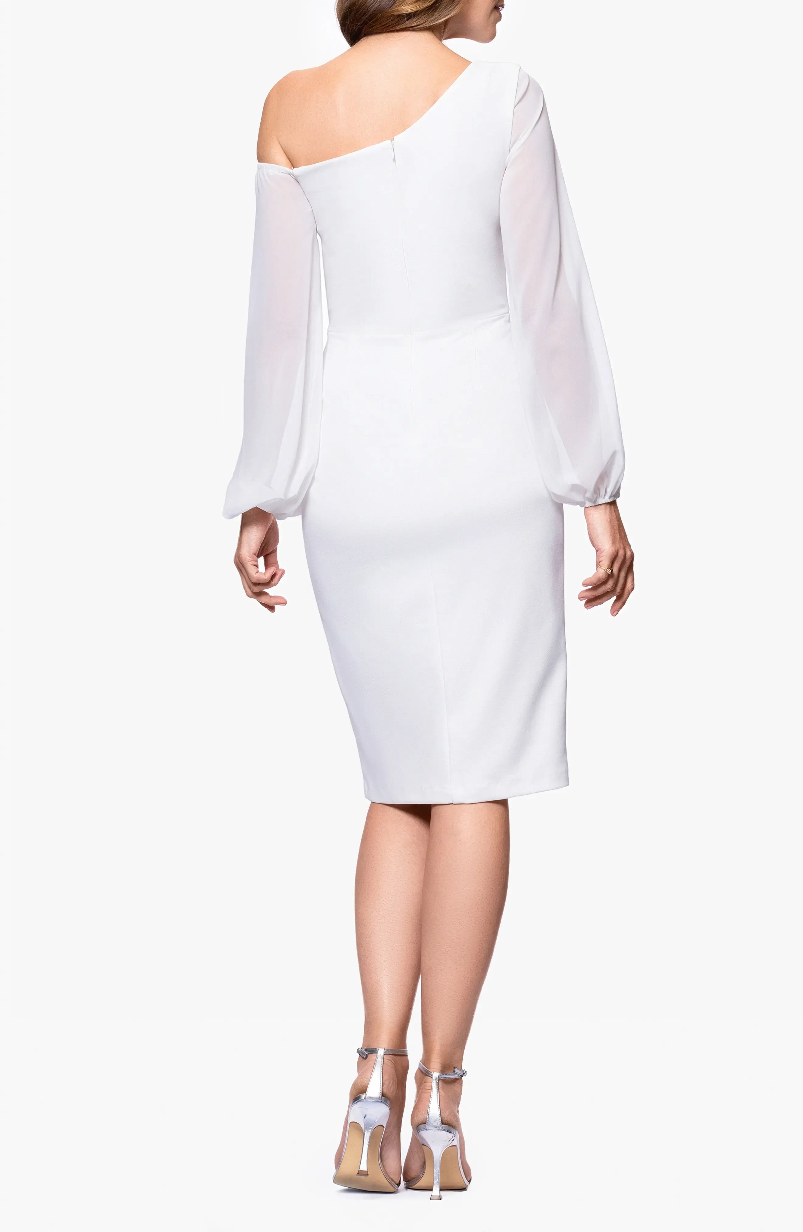 Chic Sheath One-Shoulder Sheer Sleeve Zipper Back Midi Evening Dress