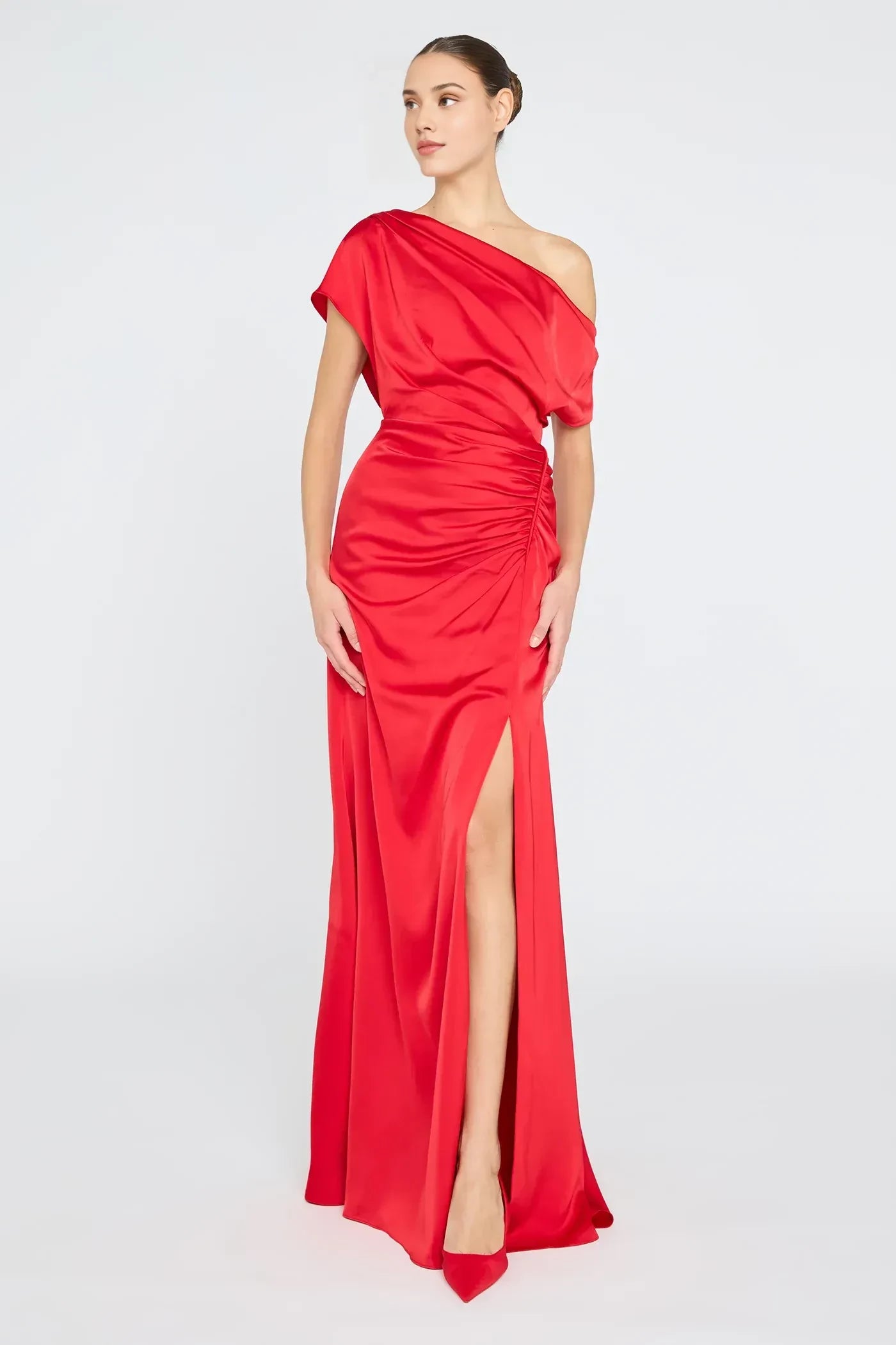 Chic Sheath One Shoulder Short Sleeve Ruched Back Floor Length Prom Dress