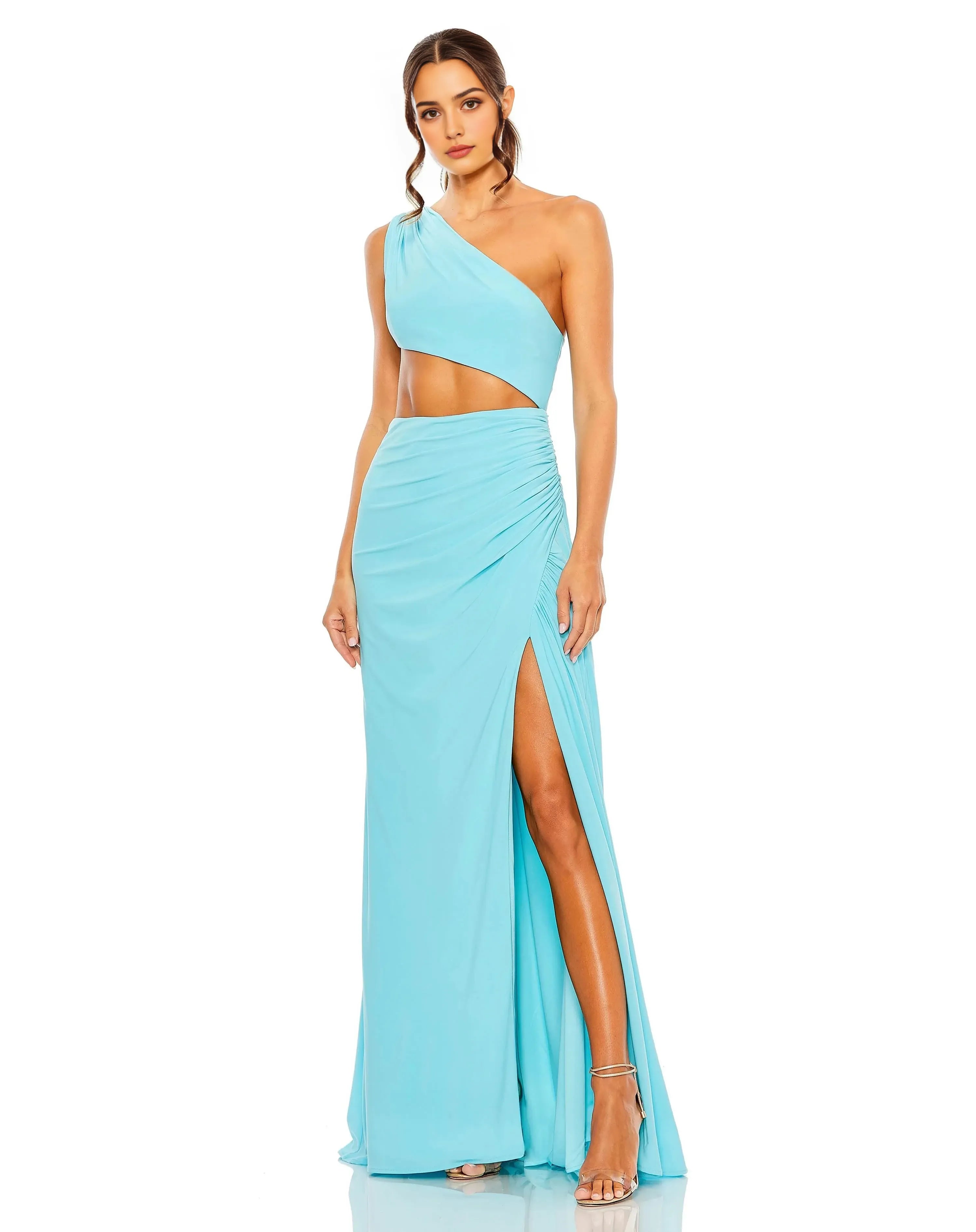 Chic Sheath One-Shoulder Sleeveless Cut-Out-Back Floor-Length Ruched Prom Dress