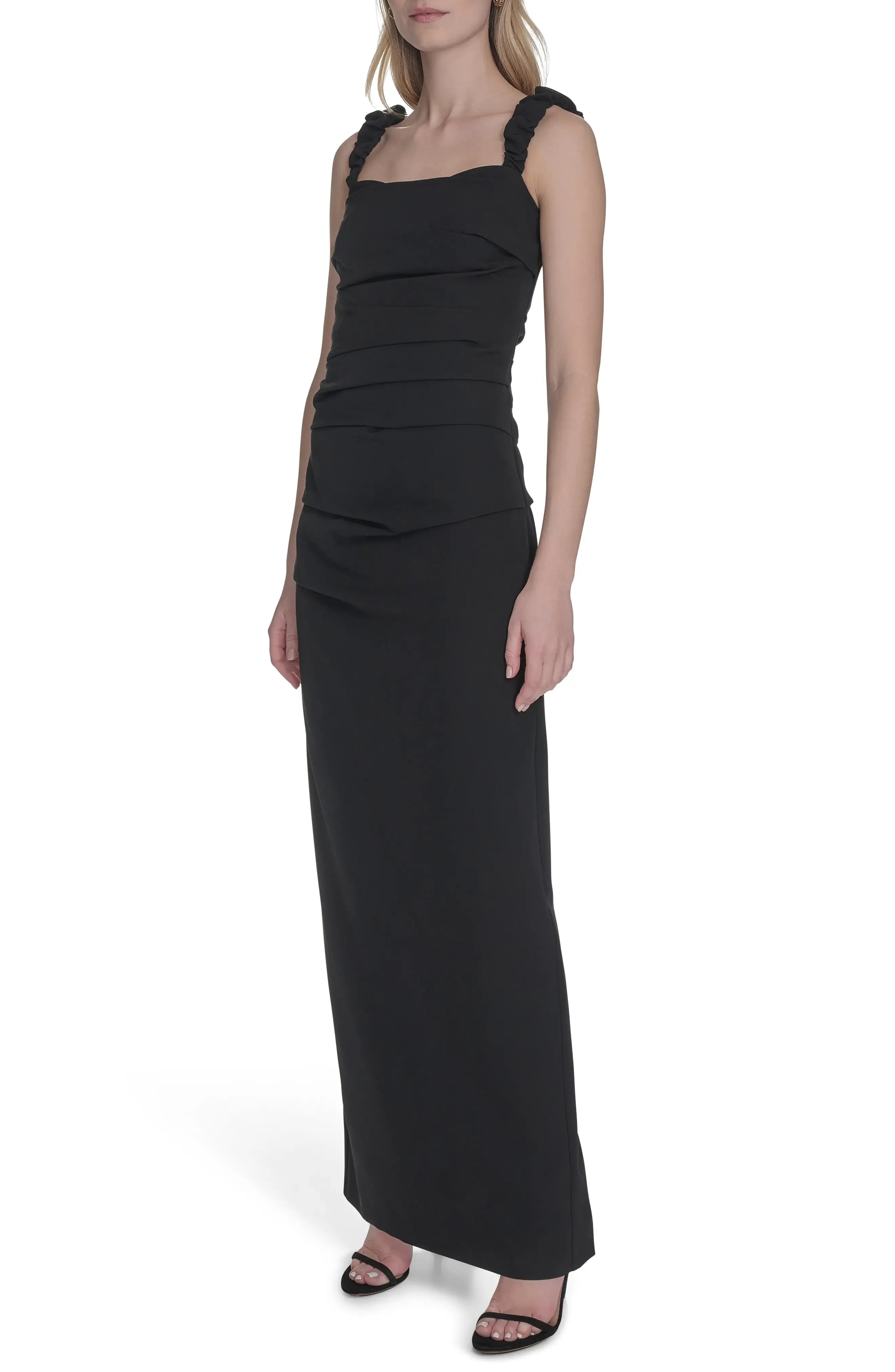 Chic Sheath Square Neck Ruffled Strap Zip Back Maxi For Women Evening Dress