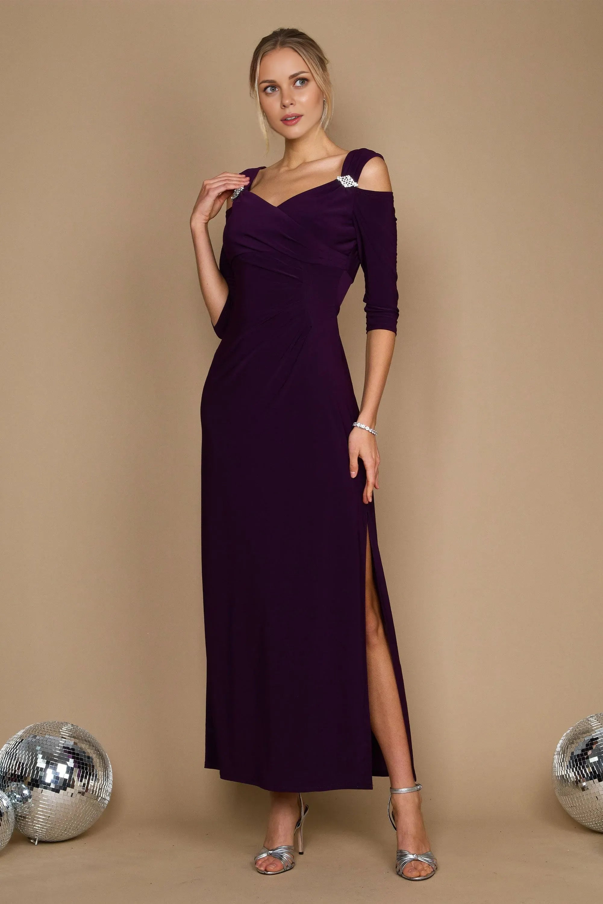 Chic Sheath V-Neck Cold Shoulder Three Quarter Sleeve Zipper Back Floor Length Prom Dress