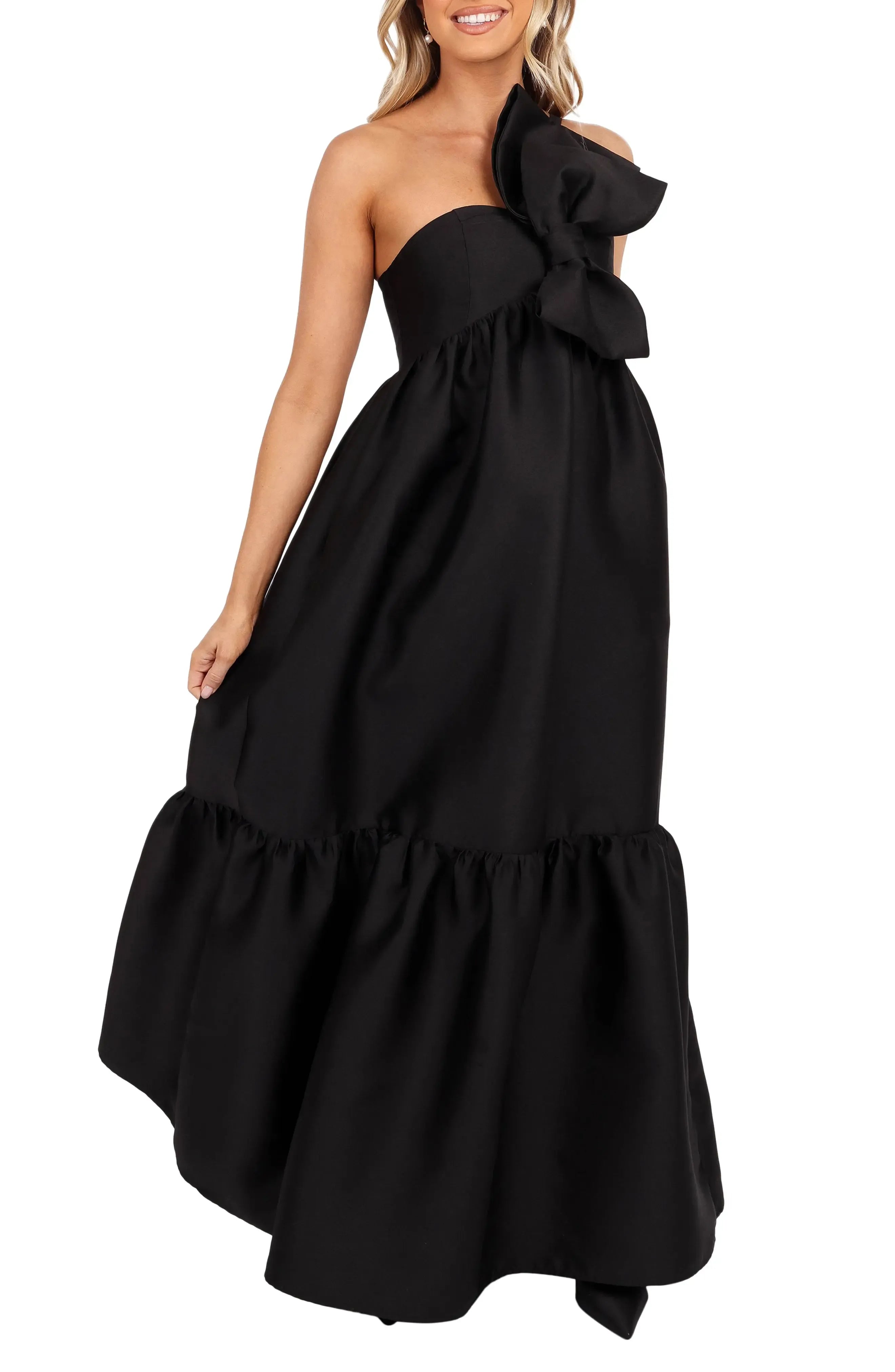 Chic Tiered One Shoulder Strapless Bow Accent Adjustable Back Floor Length For Sale Prom Dress