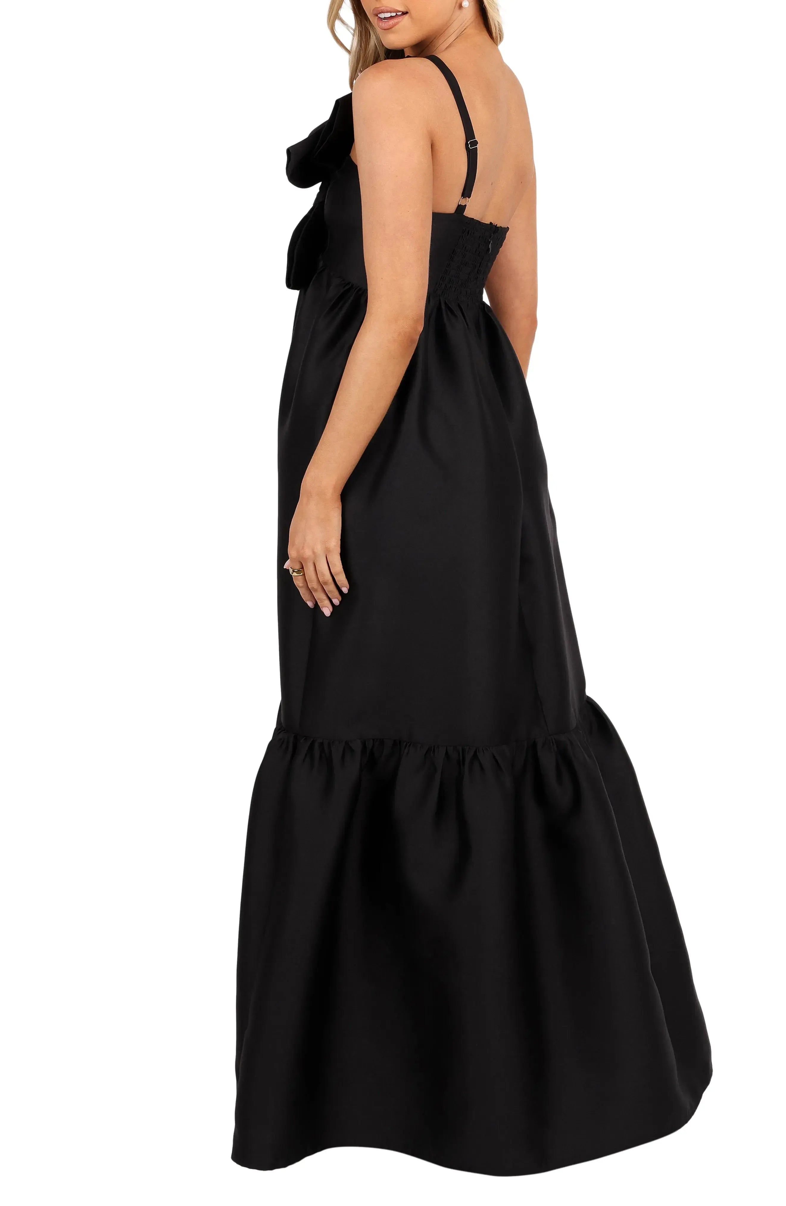Chic Tiered One Shoulder Strapless Bow Accent Adjustable Back Floor Length For Sale Prom Dress