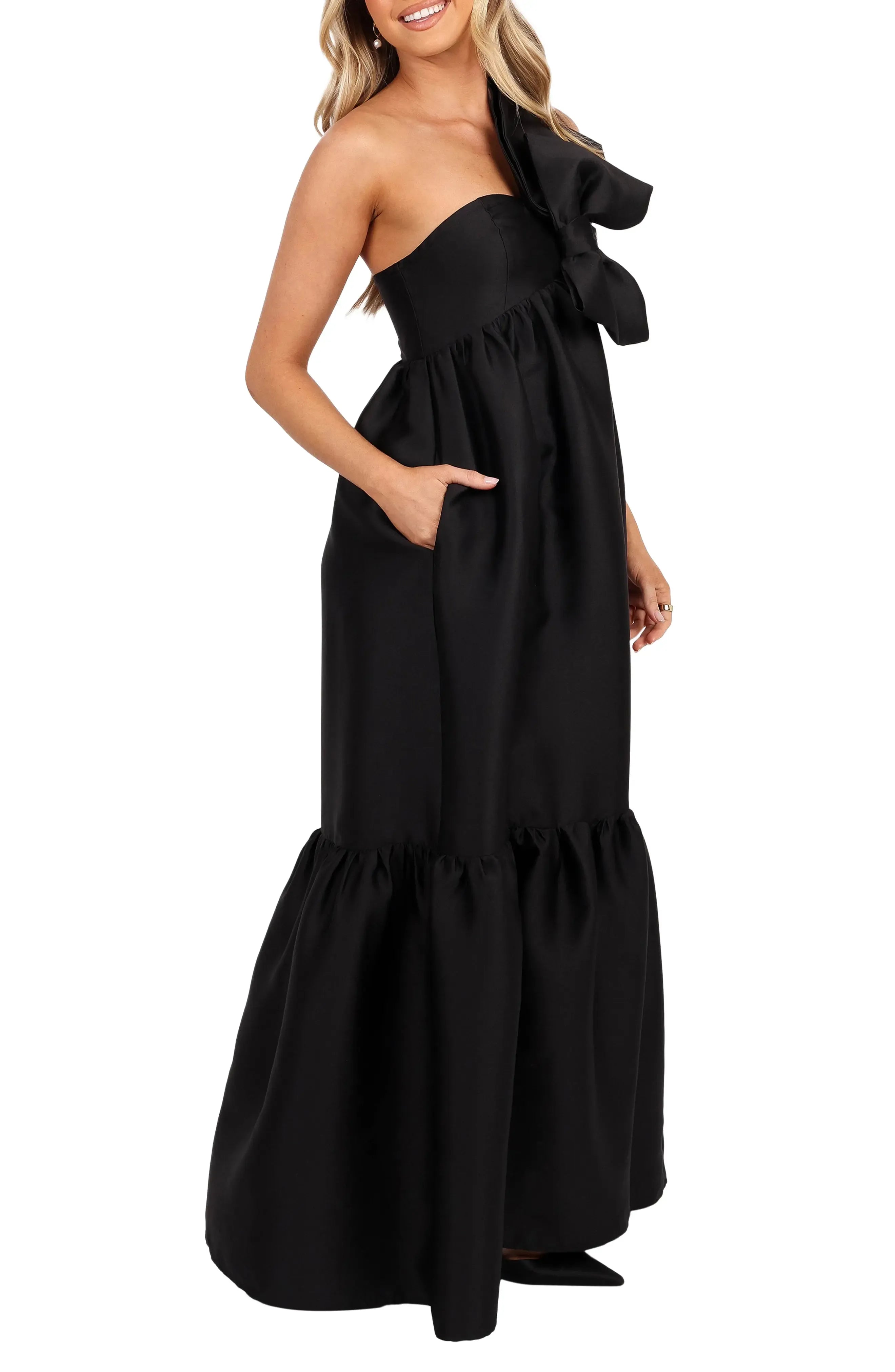 Chic Tiered One Shoulder Strapless Bow Accent Adjustable Back Floor Length For Sale Prom Dress