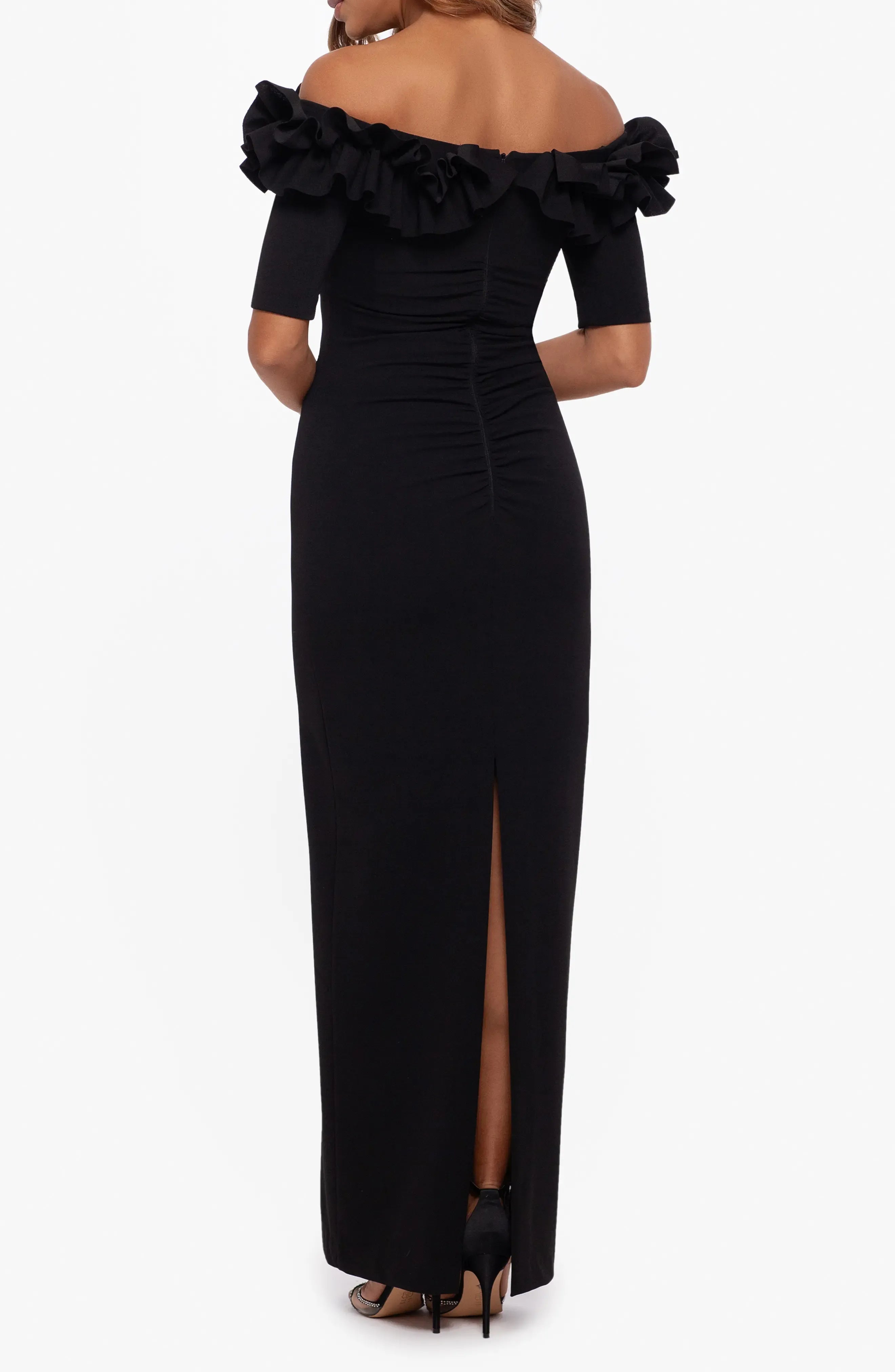 Chic Trumpet Off Shoulder Ruffled Sleeve Ruched Back Maxi For Women Evening Dress
