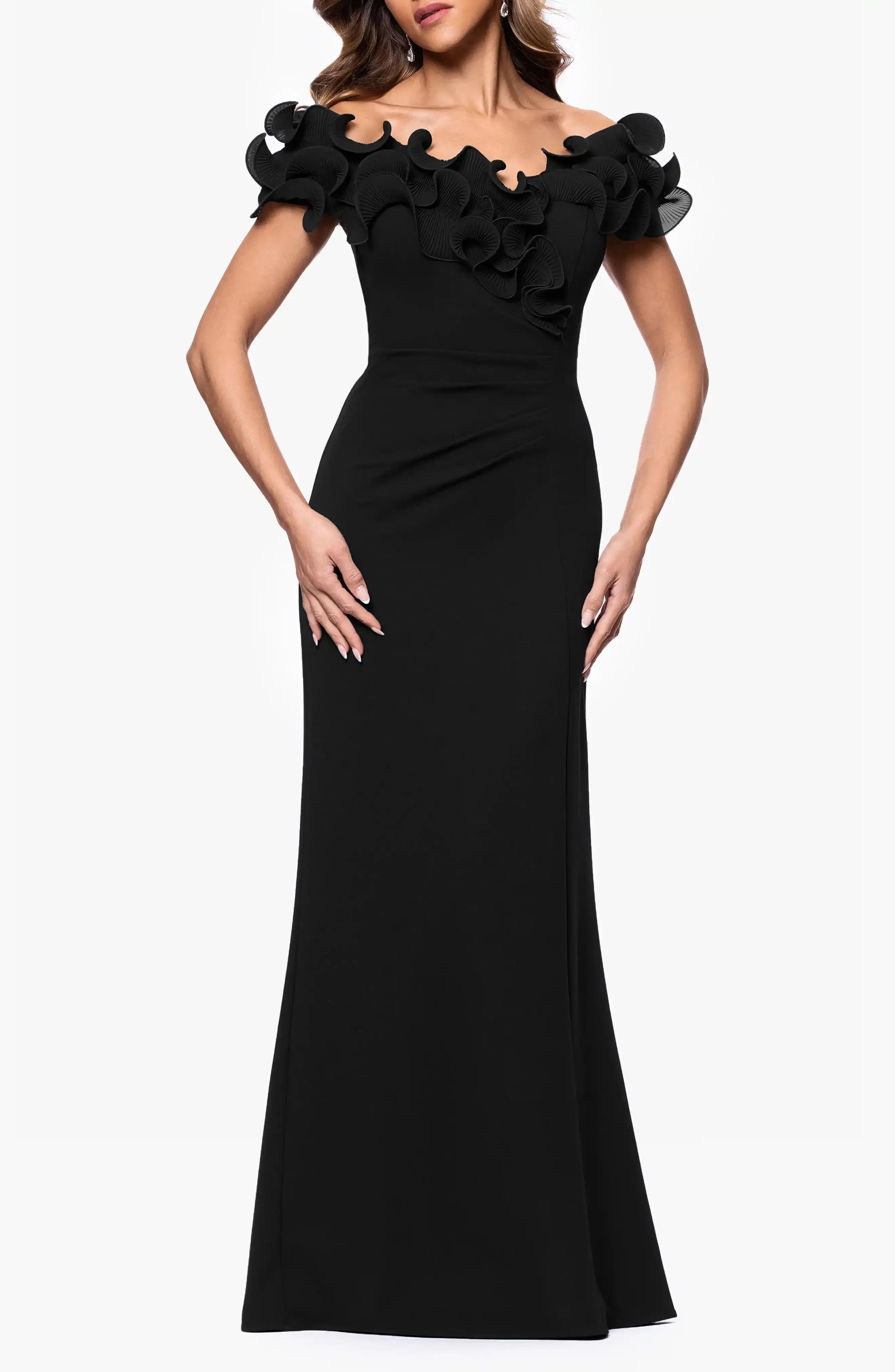Chic Trumpet Off Shoulder Ruffled Sleeve Ruched Back Maxi For Women Evening Dress
