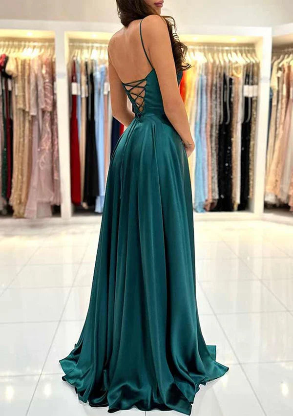 Chic A-Line Square Neckline Spaghetti Straps Sweep Train Charmeuse Prom Dress/Evening Dress with Split Simple gentle atmospheric and unique design