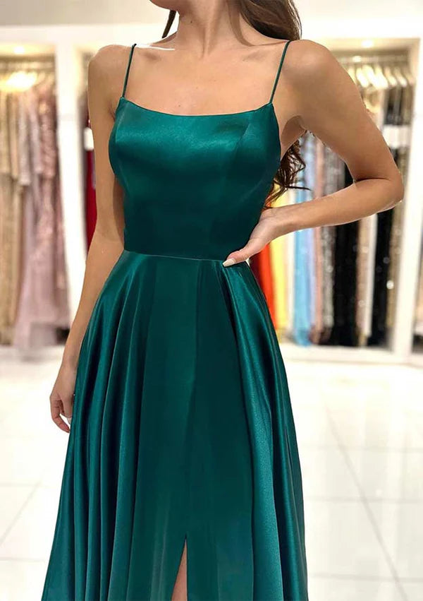 Chic A-Line Square Neckline Spaghetti Straps Sweep Train Charmeuse Prom Dress/Evening Dress with Split Simple gentle atmospheric and unique design