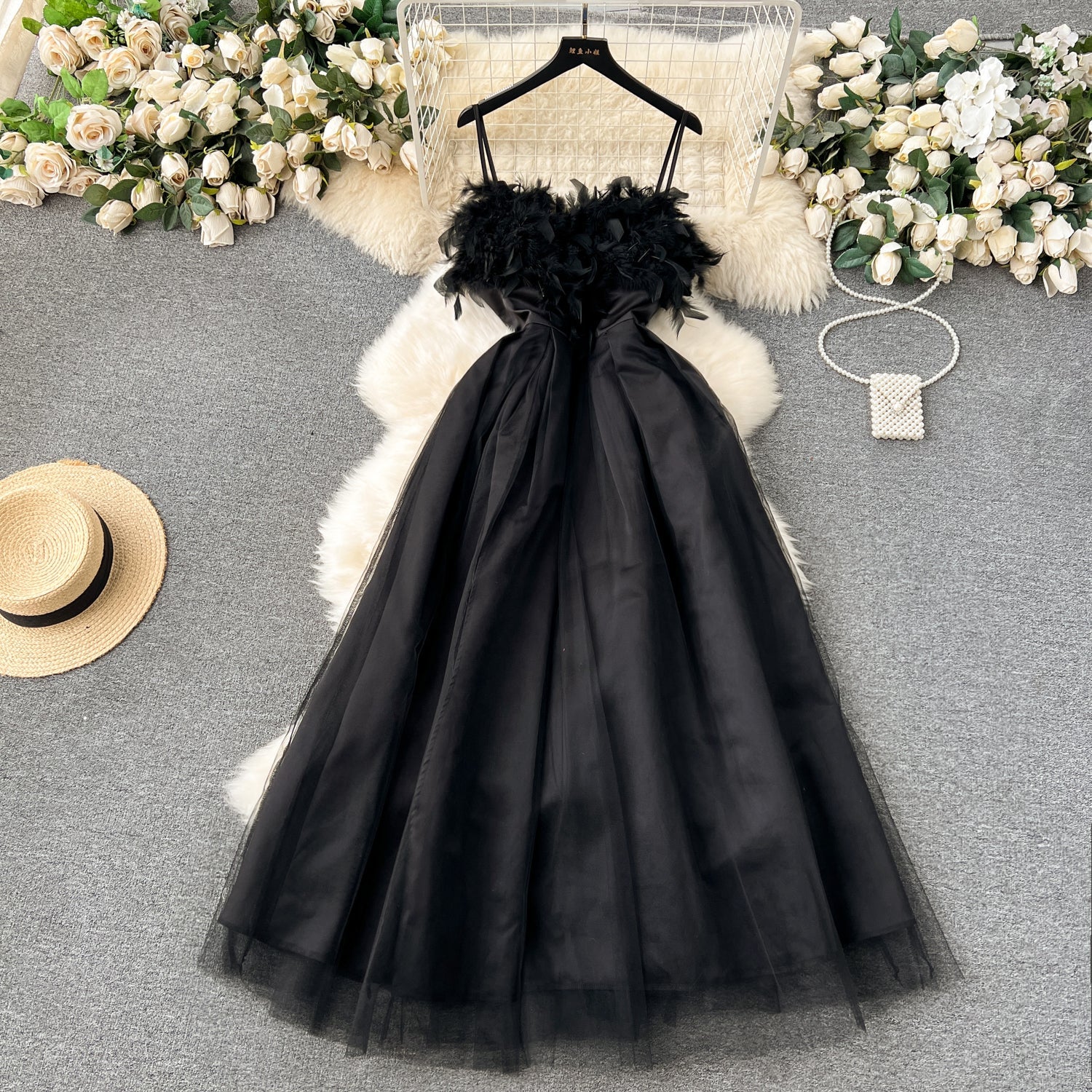 Chic A line Spaghetti Straps Black Tulle Holiday Dresses Feather Women's Dress simple gentle atmospheric and unique desi Bring summer colors to enhance whiteness