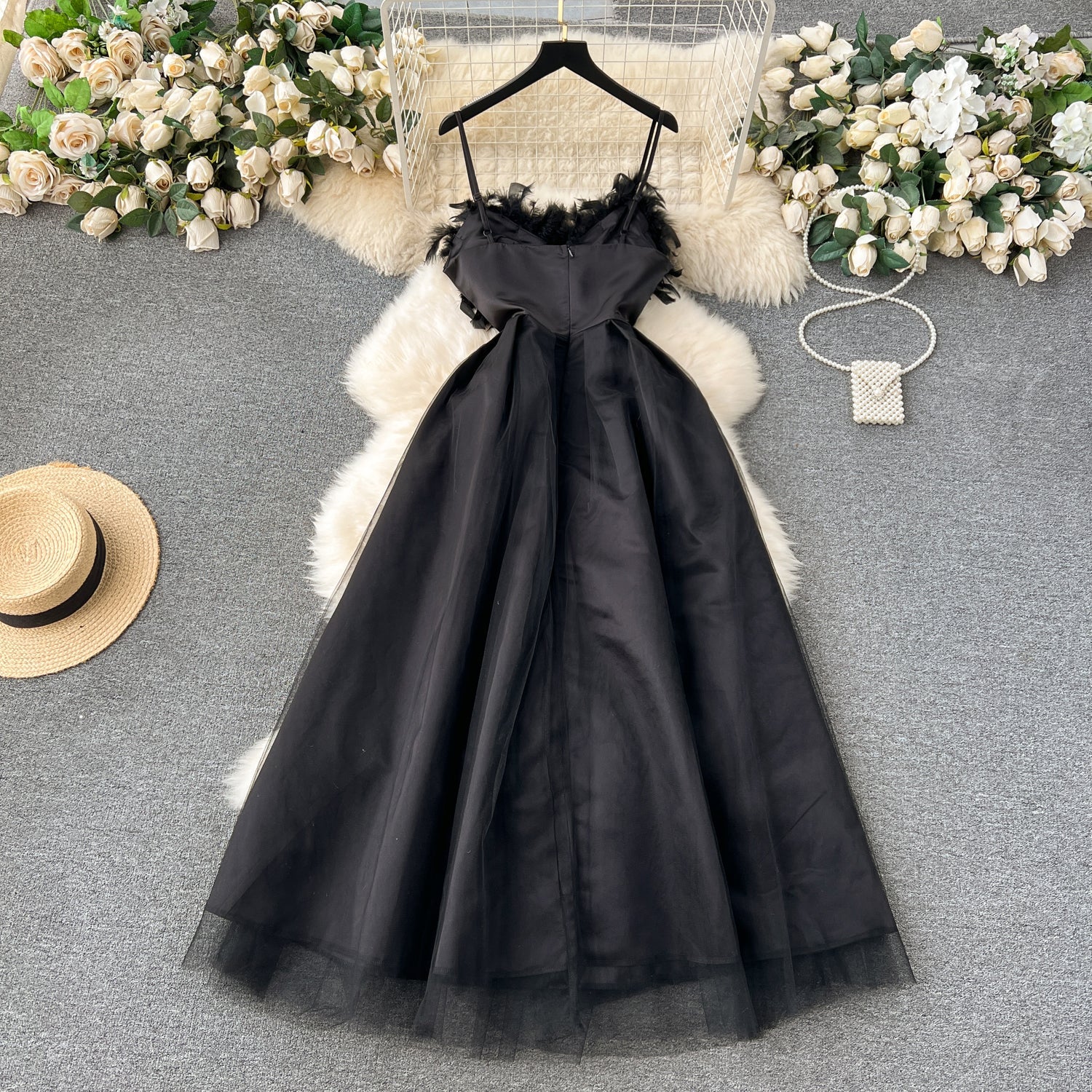 Chic A line Spaghetti Straps Black Tulle Holiday Dresses Feather Women's Dress simple gentle atmospheric and unique desi Bring summer colors to enhance whiteness
