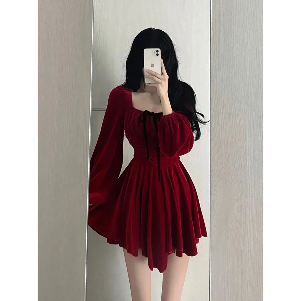 Chic A line Square Neckline Long Sleeves Red Velvet Party Dress Birthday Dresses Birthday Outfits simple gentle atmospheric and unique desi Bring summer colors to enhance whiteness